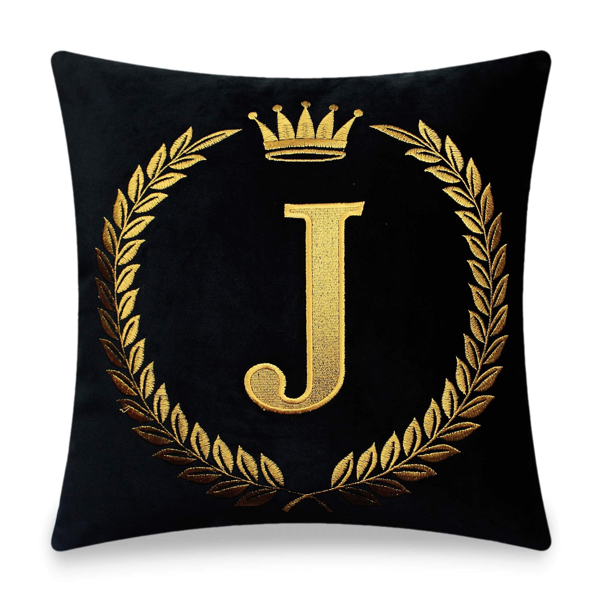 Black Cushion Cover, Throw Pillow Case, Letter Embroidery Pillow Cases, Throw Pillow Covers, Decoration for Sofa Bed Chair Car 18 x 18 In. (Letter-J)