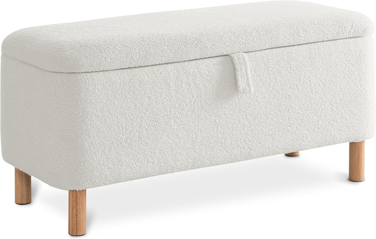 boucle storage ottoman bench showing padded lid and storage compartment