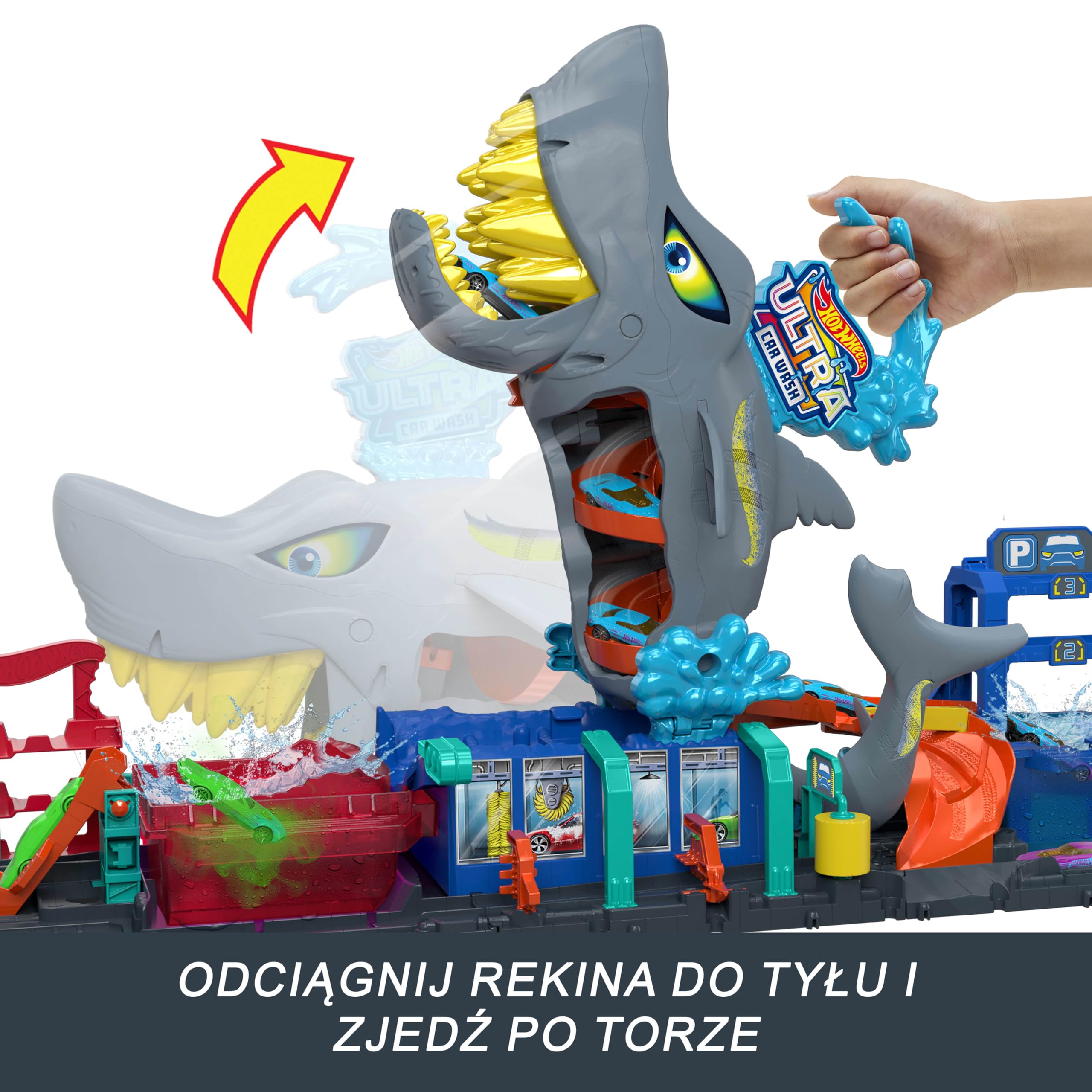 Hot Wheels City Ultra „Let's Race – Na start!” Netflix - Myjnia Rekina Zestaw do zabawy z pojazdem Color Reveal w skali 1:64 i z funkcją zmiany koloru + miejsce do przechowywania, HTN82
