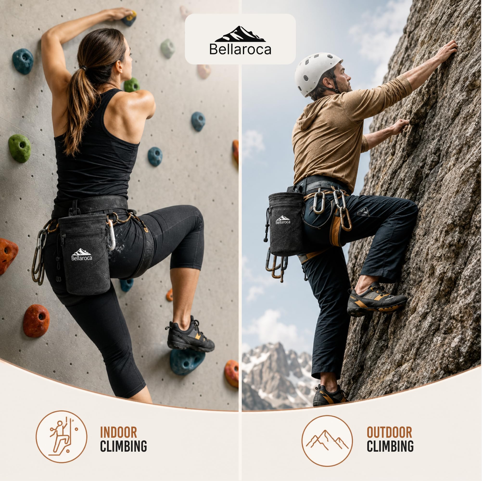 BELLAROCA® | Borsa per Magnesite da Arrampicata | Sacca Magnesite Impermeabile e Resistente all'Abrasione con 2 Tasche Grandi e Moschettone – Chalk Bag per Boulder, Palestra e Outdoor