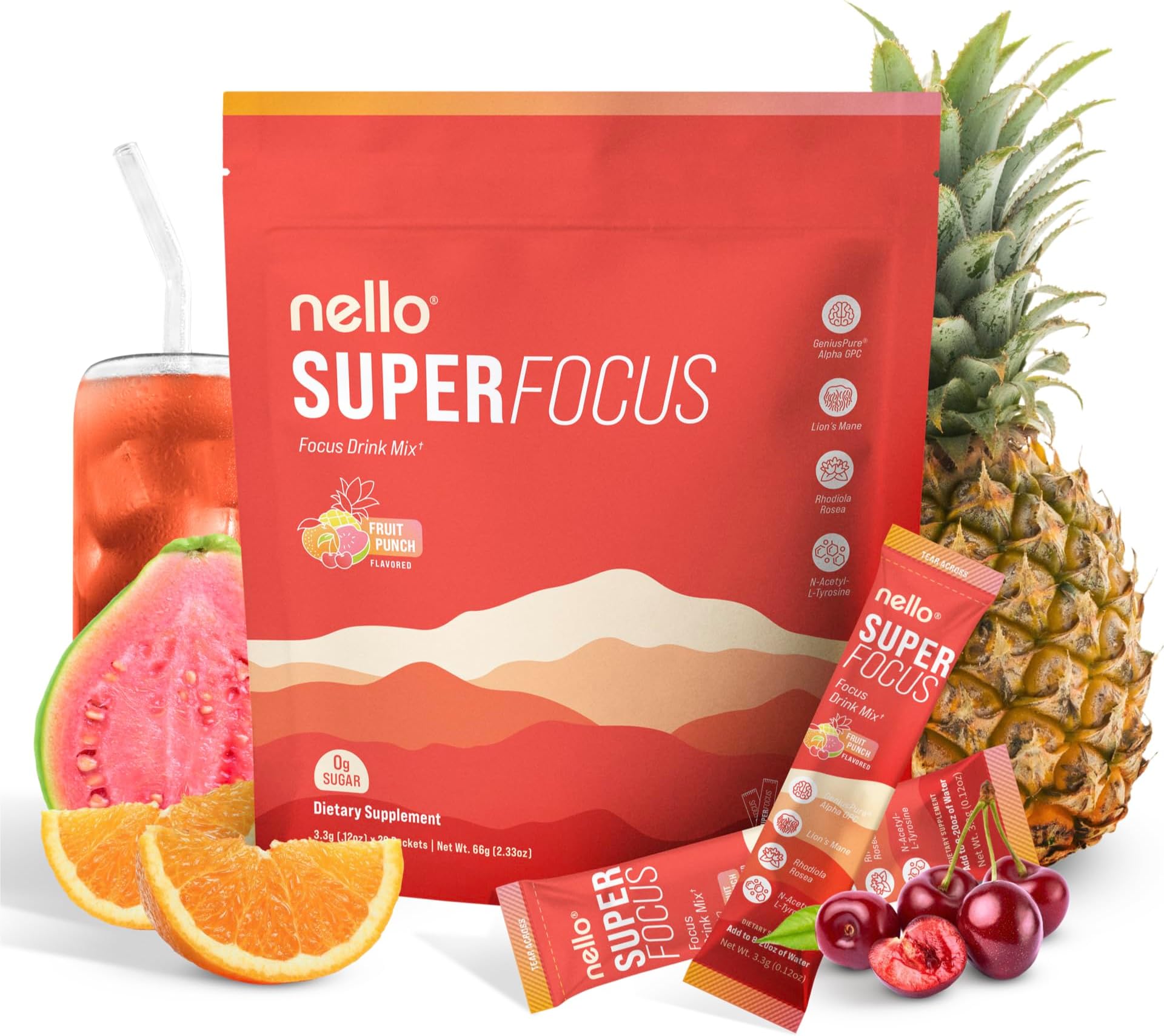 Nello Superfocus Focus Drink Mix – Fruit Punch Flavor – Alpha GPC, Lion’s Mane, Rhodiola & N-Acetyl L-Tyrosine – Sugar-Free, On-the-Go Packets – 20 Servings