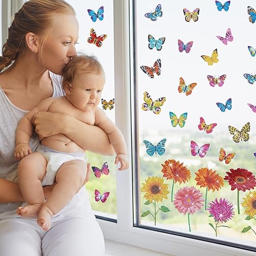 Miniatura 7 de Tenceur 44 piezas de calcomanías de diamantes para ventana, kit de pintura de flores de mariposa, calcomanías de bricolaje para decoración del