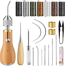 Sinofort 21 Stück Leder Nähset, Leder Werkzeuge Set Enthalten Nähahle, Ledernadeln-Hand, Wachsfaden, Nadel, Messingring, Spule, Greifer, Handnähmaschine Für Dicke Stoffe