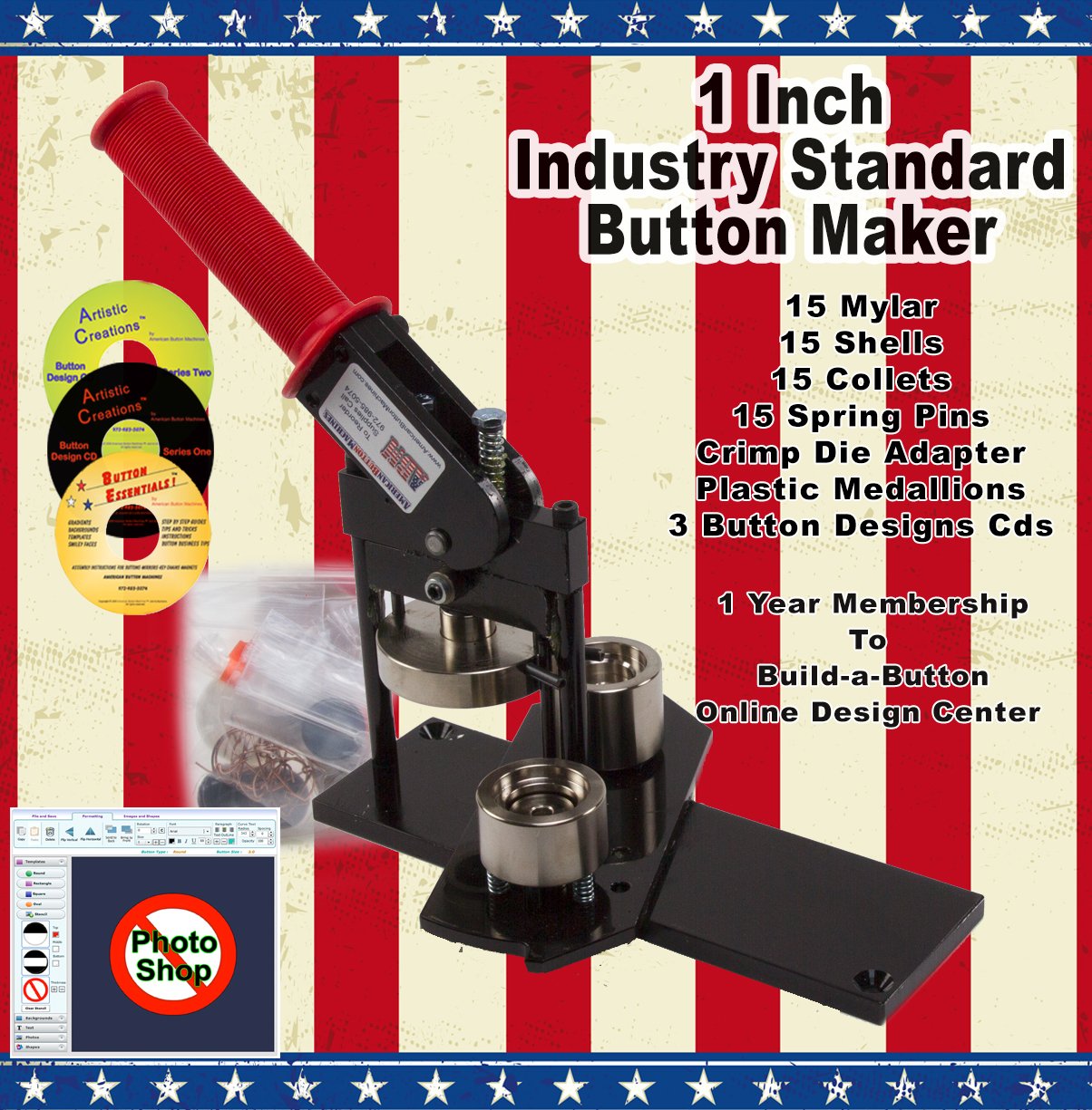 1" Button Maker Machine + 15 Complete Pinback Button Sets + Cds + Software from American Button Machines ®