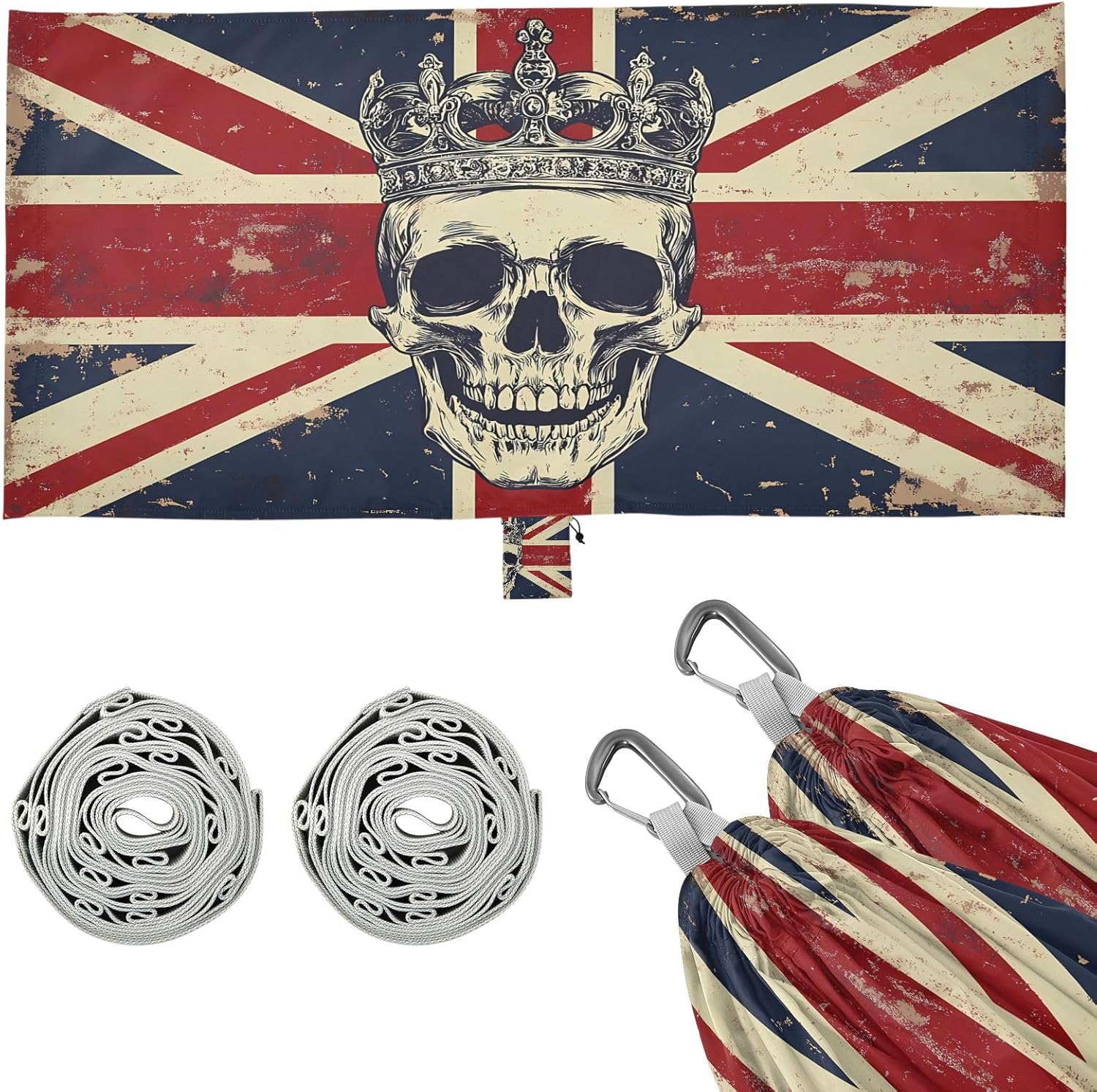 ALAZA Skull and British Flag Camping Hammocks Single or 2 Person 500 lbs Portable Parachute Travel Hammock w/Tree Straps for Hiking Backpacking Indoor Outdoor