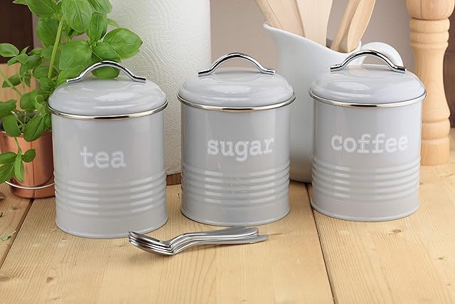 Set of 3 Airtight Round Tea Sugar and Coffee Storage Canister Jars, Grey