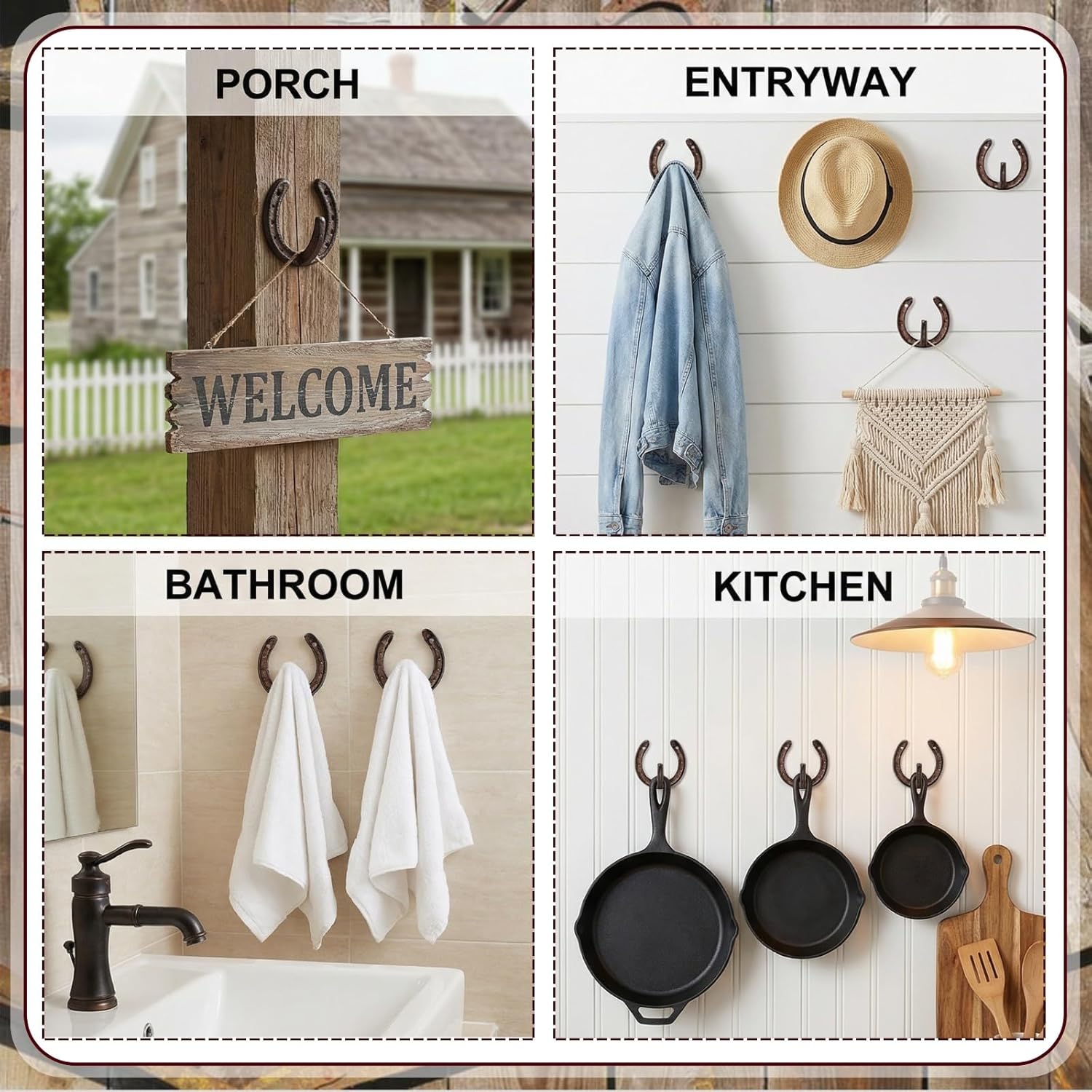 ZAVOOS 6 Pack Cast Iron Wall Hooks, Vintage Heavy Duty Wall Mounted Horseshoe Hanger, Multiuse Coat Hook Farmhouse Decor for Hanging Hat Key Towel Bag