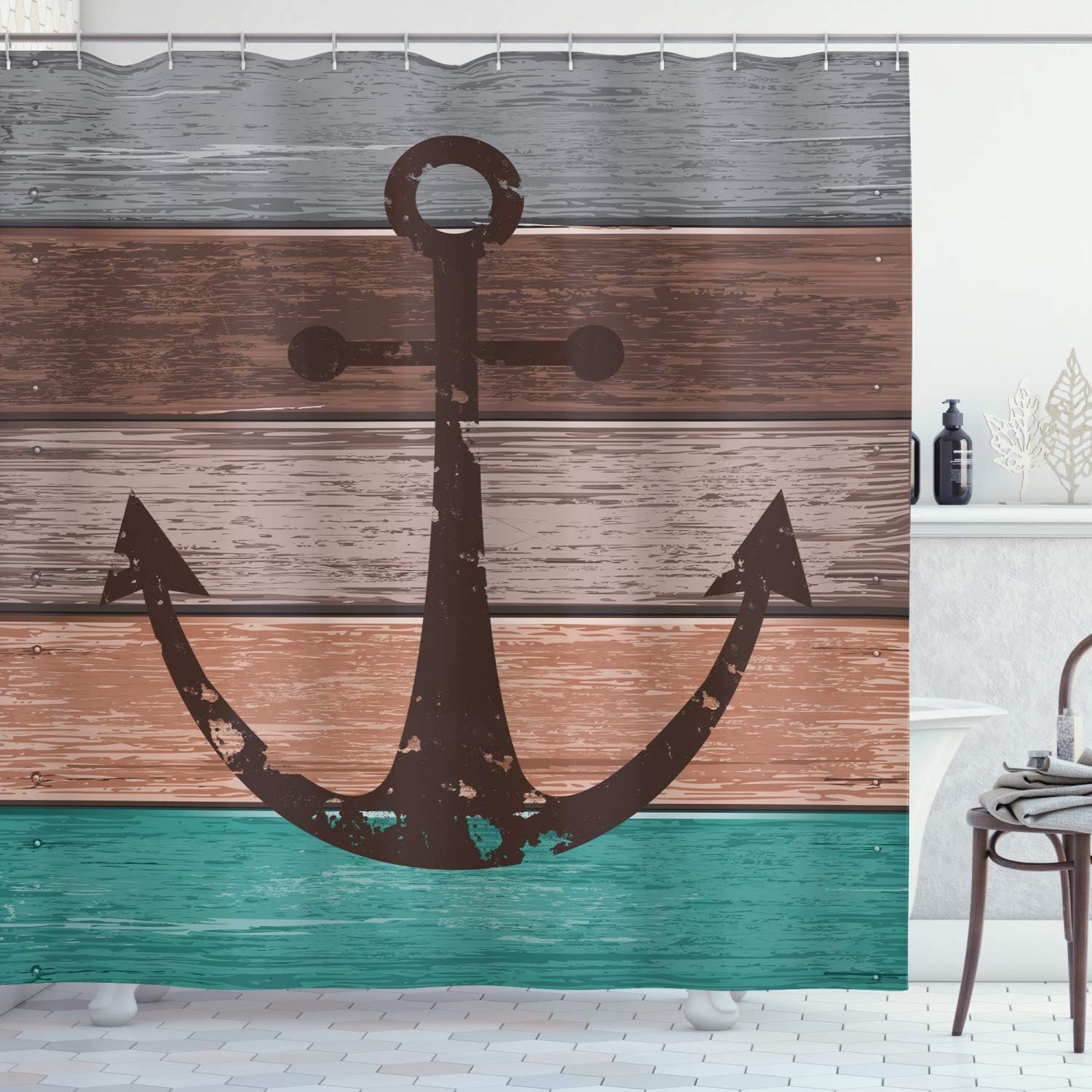 Ambesonne Anchor Shower Curtain, Weathered Marine Ornament Rustic Themed Nautical Sailor Pattern Grunge Planks, Cloth Fabric Bathroom Decor Set with Hooks, 69" W x 70" L, Multicolor Brown