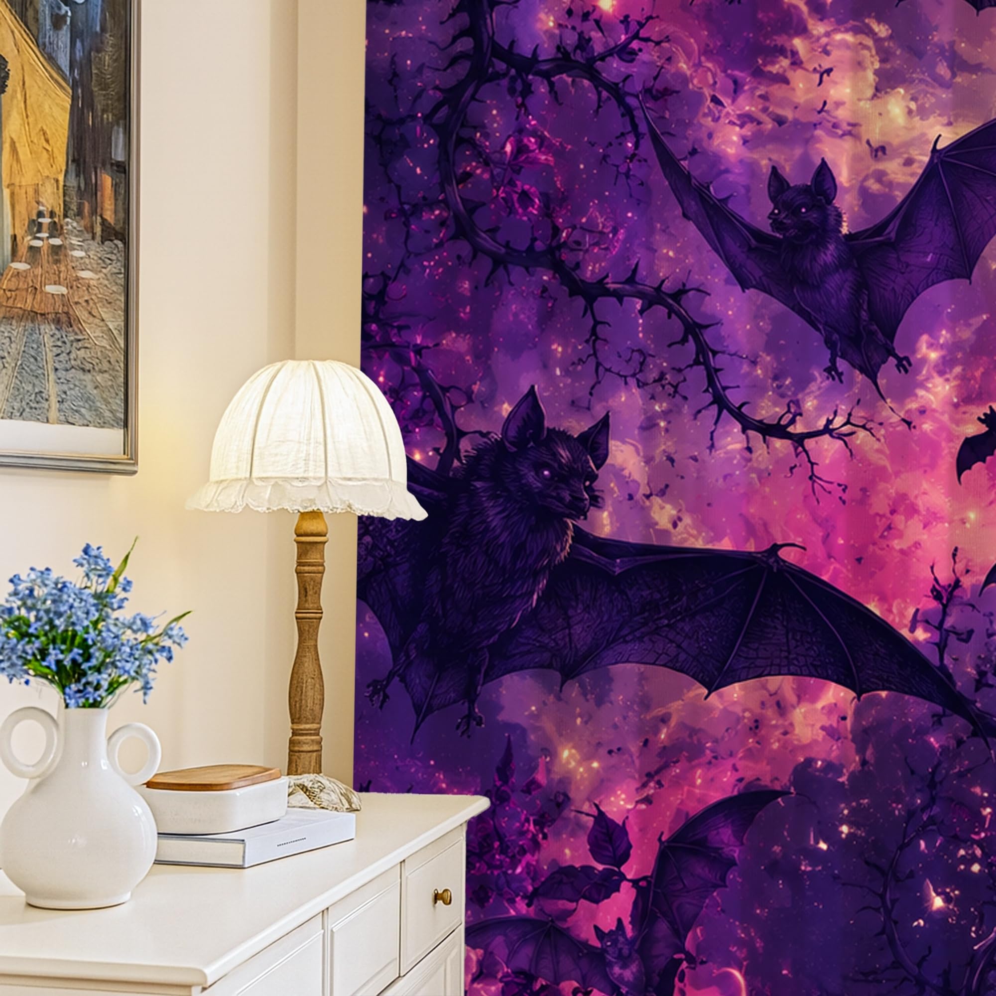 Rideaux occultants gothiques violets avec chauves-souris pour salon 132x213 cm