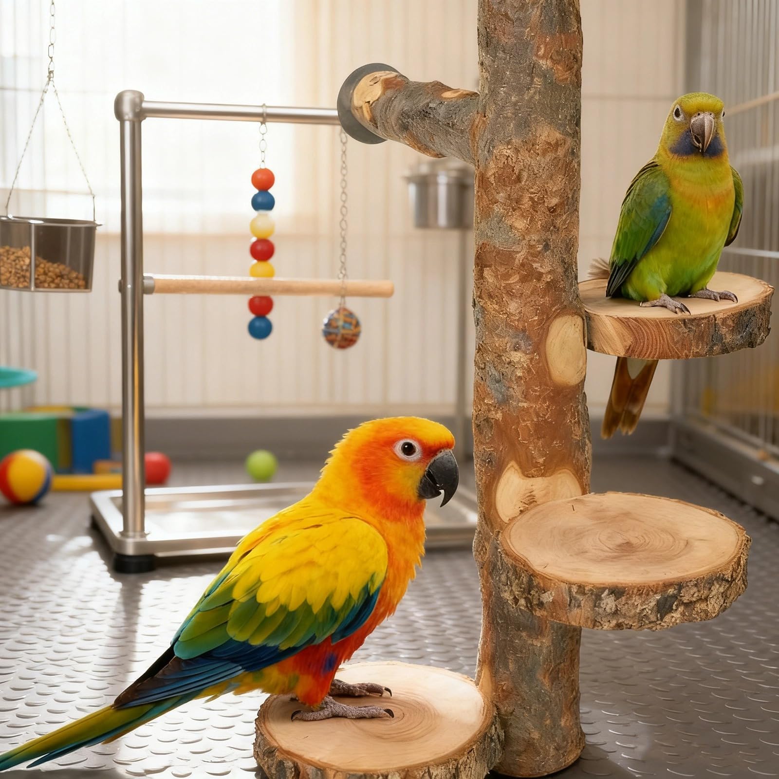Générique Perchoir pour oiseaux, bois naturel 14,6 pouces, 3 plateformes circulaires et barre de maintien, jouet à mordiller, support pour cage, plateforme pour chinchilla
