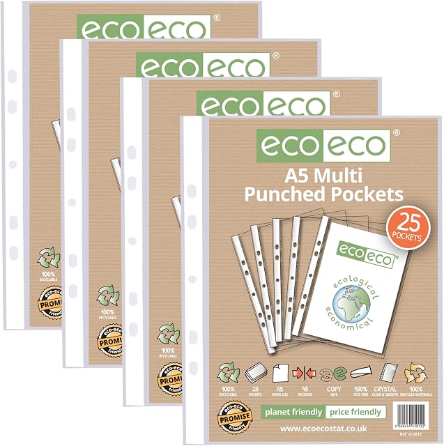 eco-eco A5 100% Recycled Multi Punched Pockets Glass Clear, Transparent Poly Wallet Sheet Protector, 45 Microns (100 Pockets), eco012x4