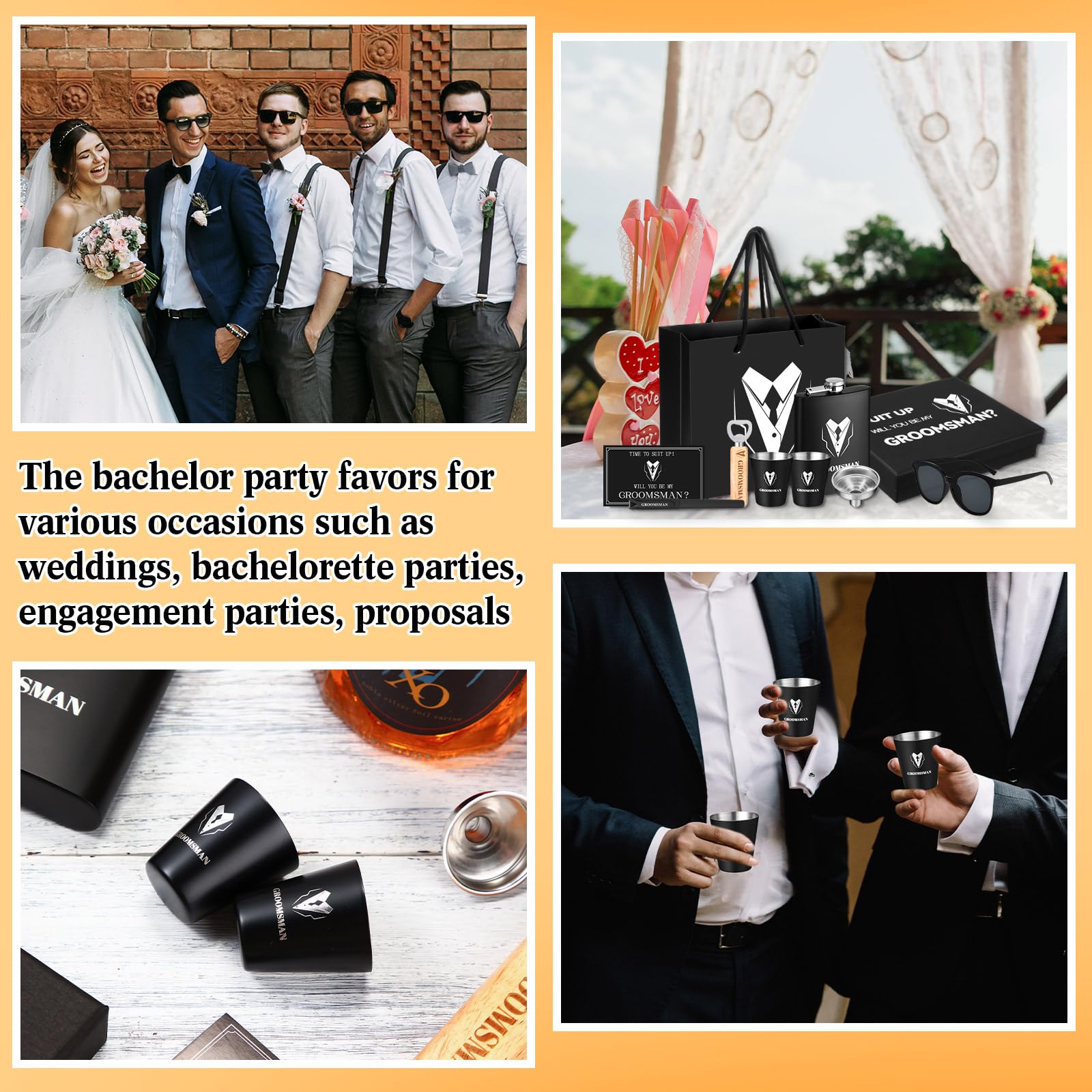Layhit 9 Pcs Groomsmen Proposal Gifts Set of 1 Wedding Party Gift Including 1 Flask 2 Stainless Steel Shot Glass 1 Wood Bottle Opener 1 Pen 1 Sunglasses 1 Card 1 Box 1 Bag