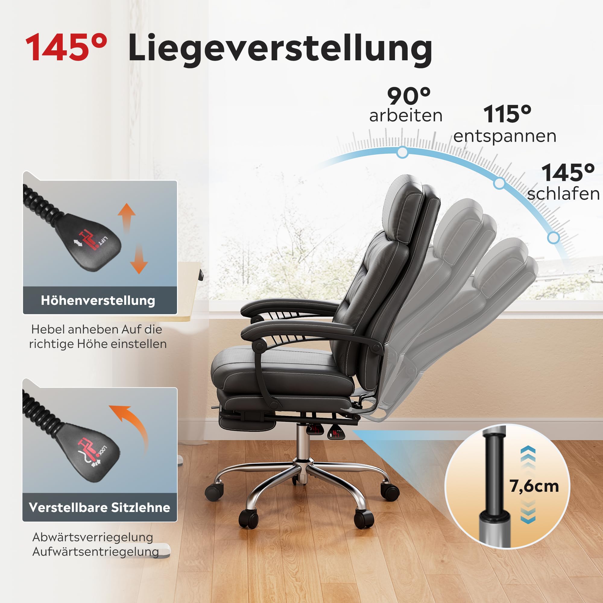 DEVAISE Chefsesse PU Leder, Bürostuhl Ergonomisch mit Fußstütze und Lendenwirbelstütze, Wippfunktion und Winkelverriegelung, Hohe Rückenlehne, Höhenverstellbar, Liegestuhl für Büro, Schwarz, Bis 200kg