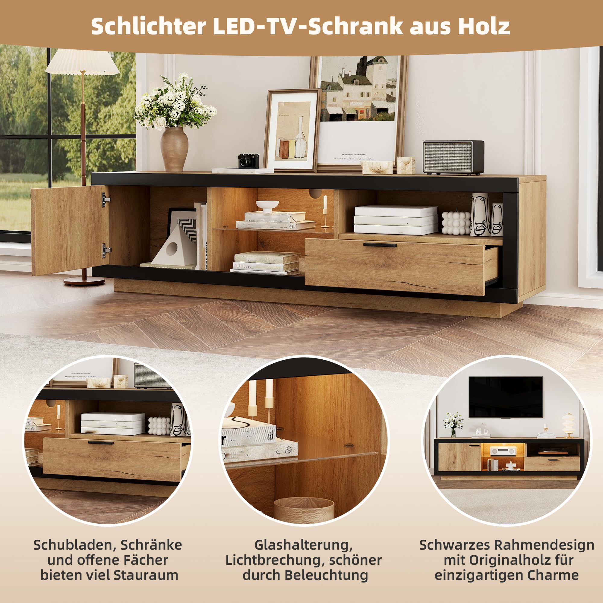 Commode TV avec éclairage LED Portes tiroirs étagères Ouvertes lowboard pour téléviseurs Jusqu’à 70 Pouces Meuble TV pour Salon Chambre à Coucher Meuble TV Table TV Noir + chêne