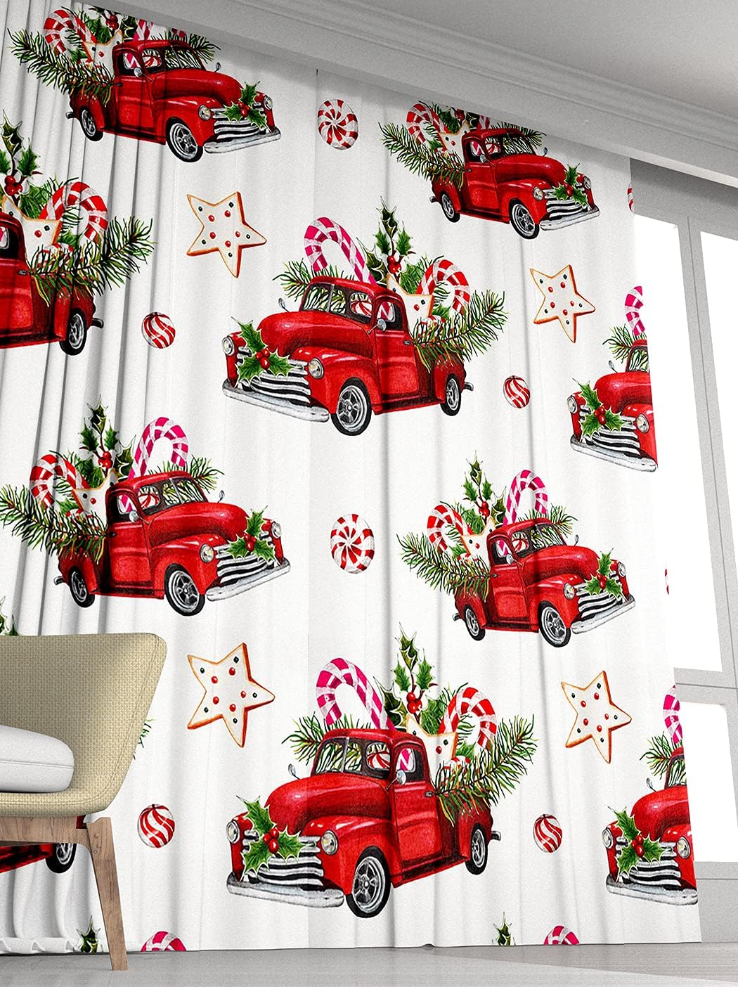 Christmas Window Drapes Curtain Watercolor Christmas Toy Model Truck Loaded Sweets Spruce Twigs Rod Pocket Drapes Curtain for Living Room Home Decor 26x84 Inches 2 Panels