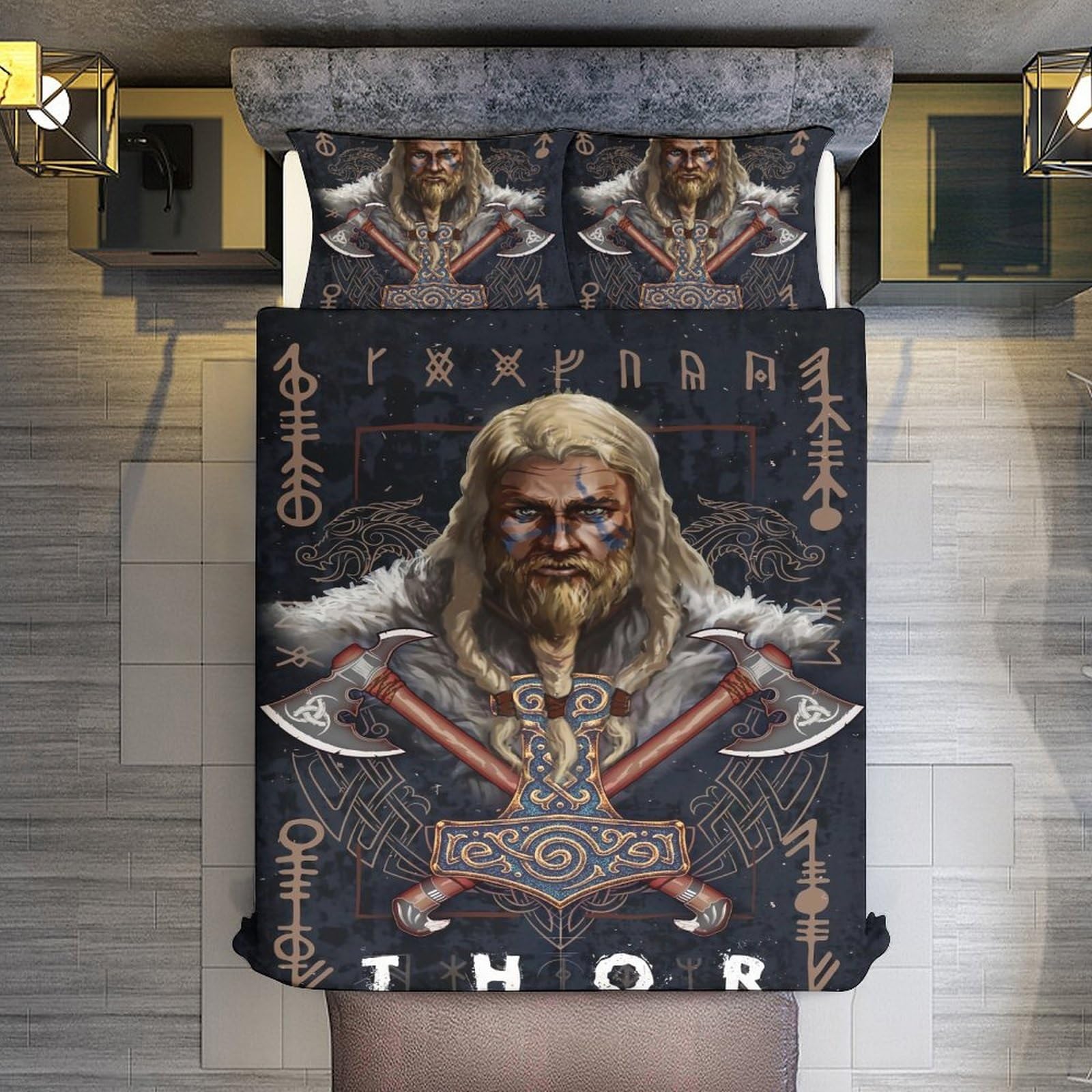 LDZDGD Viking Duvet Cover Queen, Norse Totem Symbols Pattern Quilt Cover, Farmhouse Rustic Bedding Comforter Sets (Color : Valkyrie, Size : 229 x 229CM)