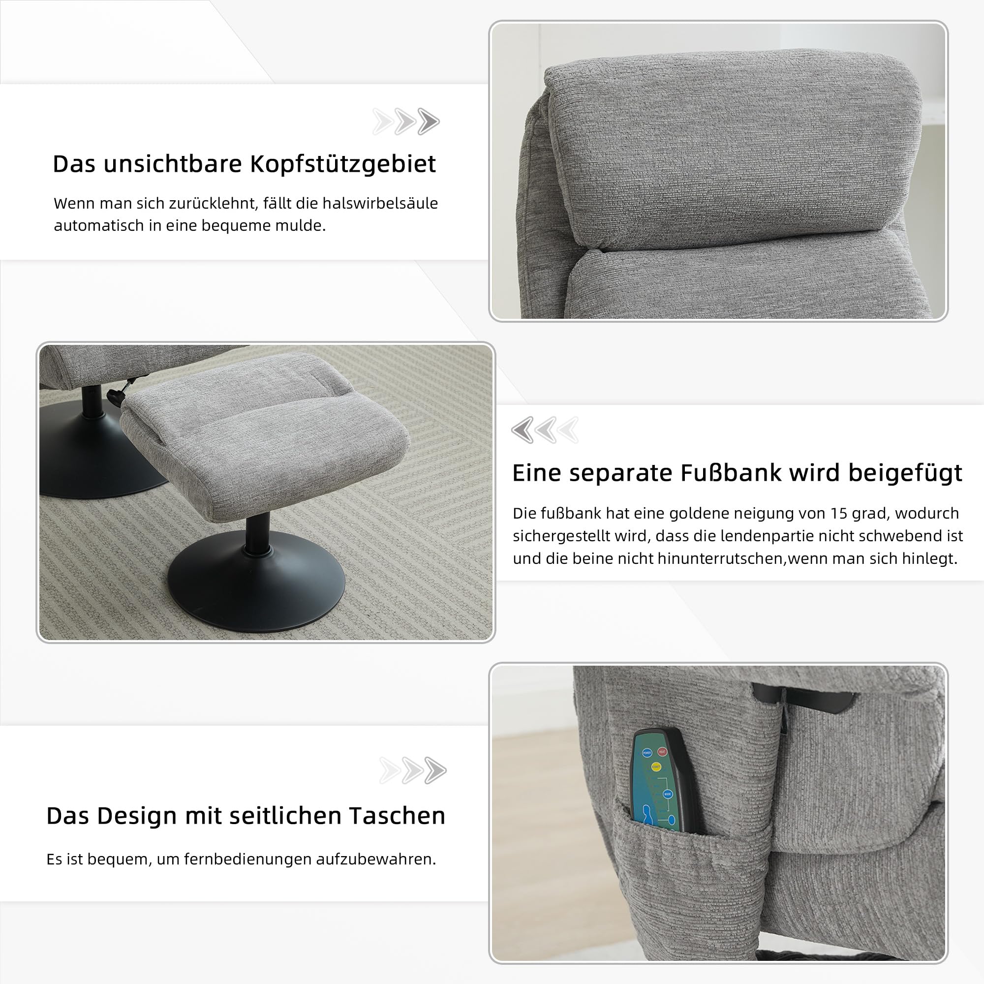 Sillón de relax reclinable con masaje de 5 puntos, sillón y taburete giratorio 360°, tela de chenilla gris