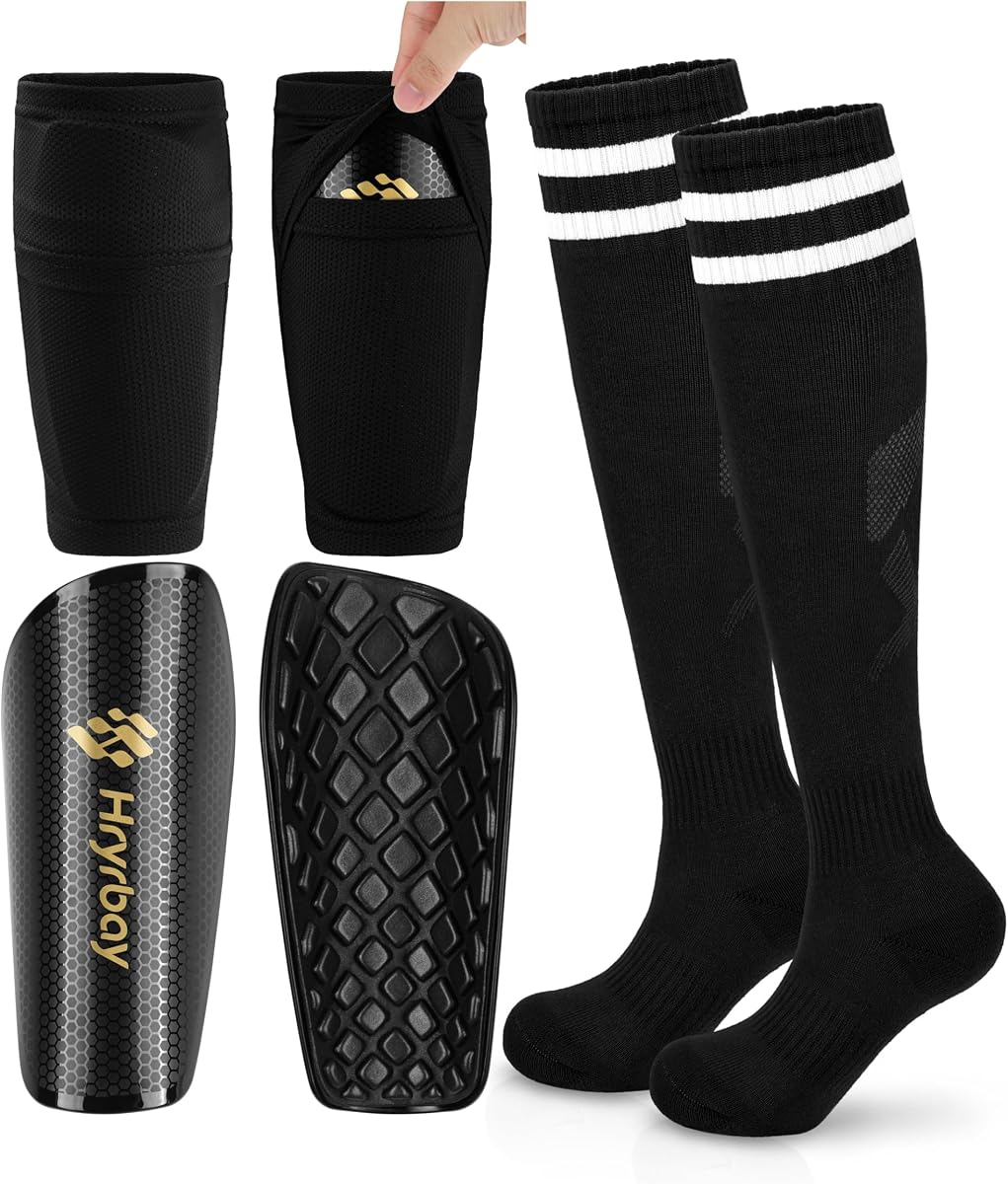 Kids Soccer Shin Guards with Sleeves and Socks Youth Shin Pads Set | High-Strength PP Shell, EVA Backing, Age 3-16, Protective Lightweight Soccer Equipment, Ideal for Playing Training