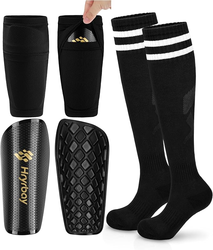 Kids Soccer Shin Guards with Sleeves and Socks Youth Shin Pads Set | High-Strength PP Shell, EVA Backing, Age 3-16, Protective Lightweight Soccer Equipment, Ideal for Playing Training