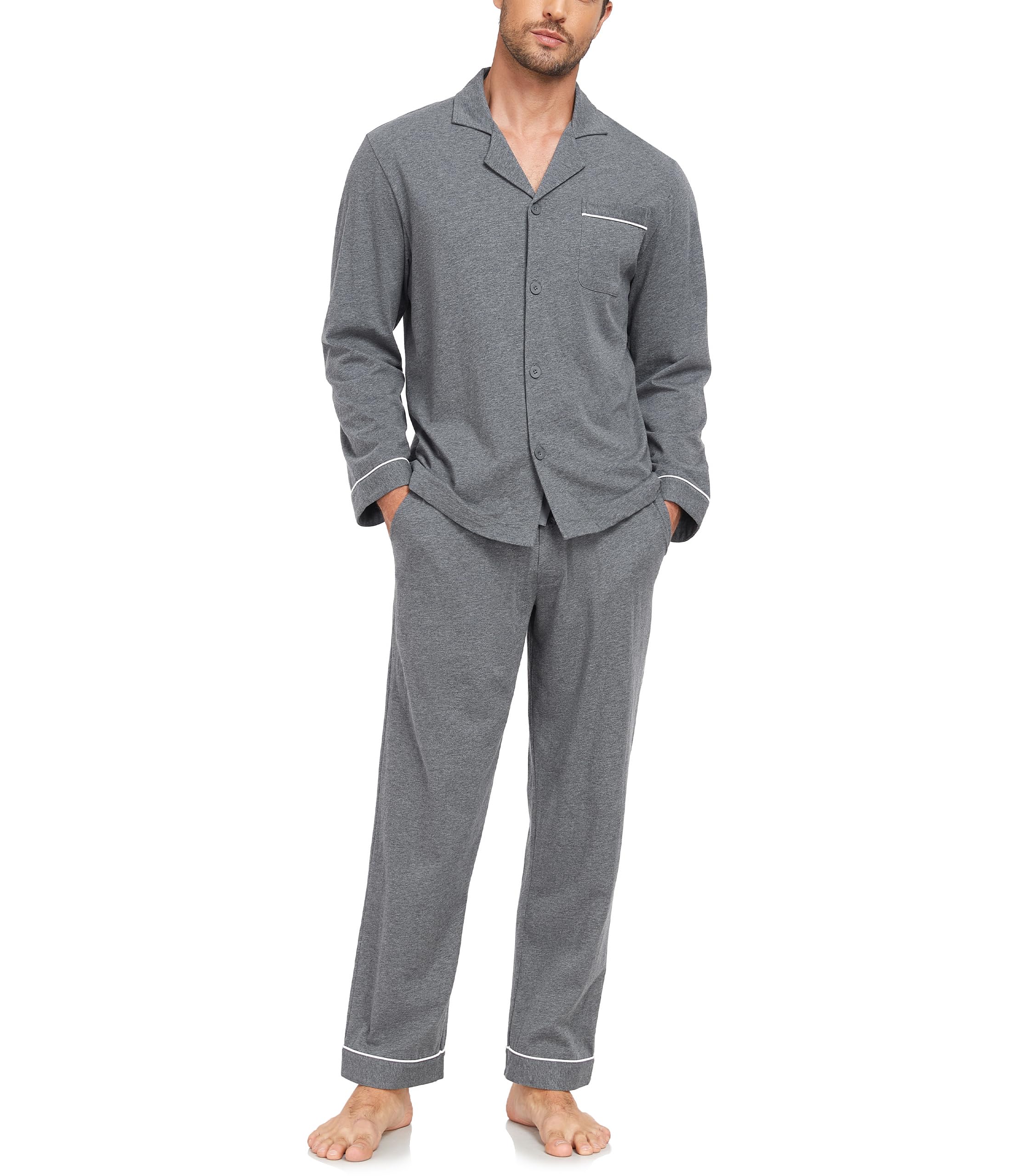 COLORFULLEAF Schlafanzug Herren Lang 100% Baumwolle Pyjama Set mit Knopfleiste Zweiteiliger Nachtwäsche Langarm Loungewear