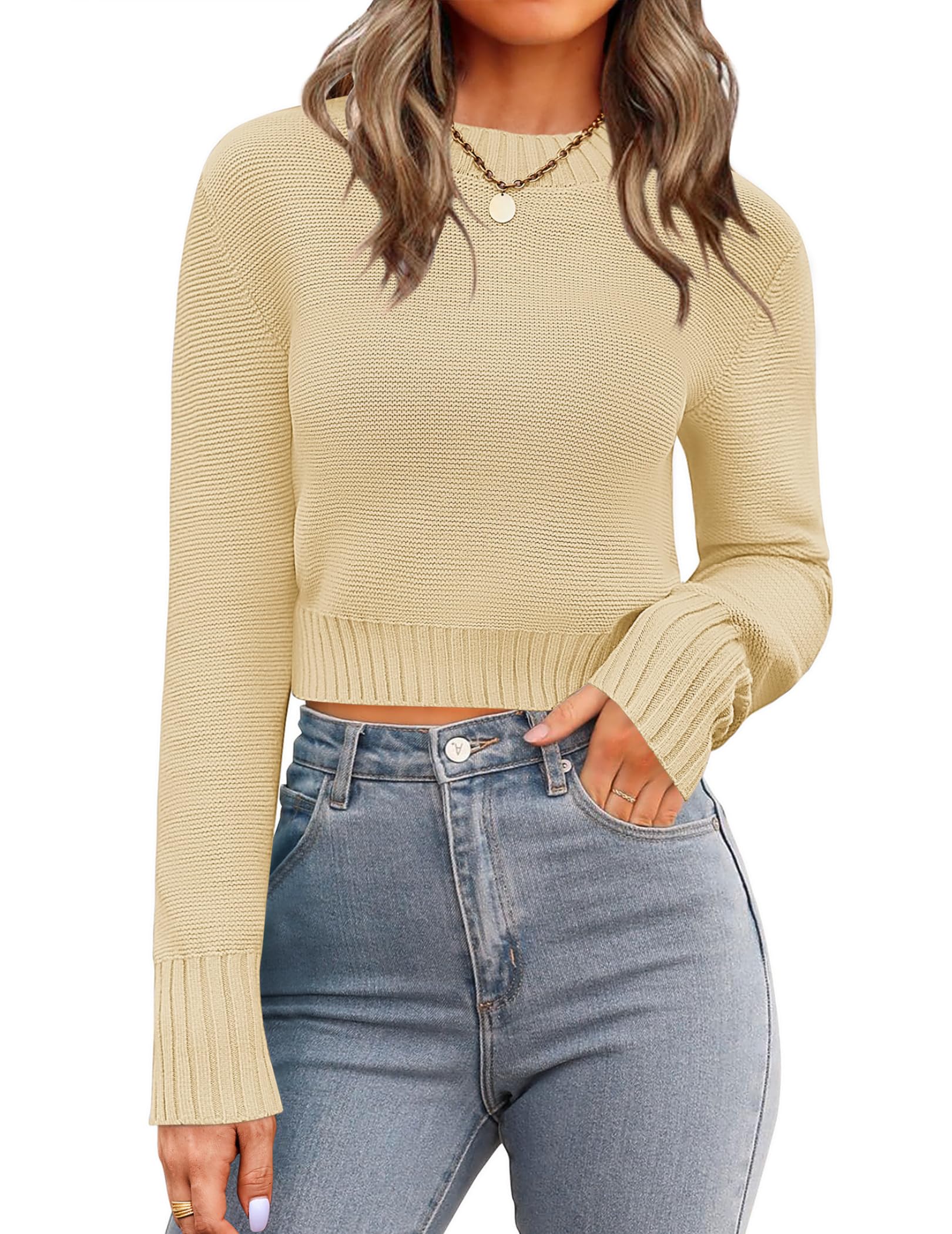 Zeagoo Womens 2026 Fall Crewneck Cropped Sweater Trendy Long Sleeve Ribbed Knit Pullover Jumper Tops