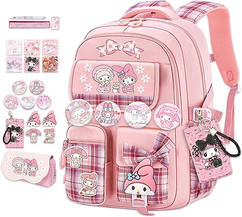 Roffatide Mochila escolar Kawaii de anime para niñas y niños con 21 accesorios de dibujos animados para estudiantes estéticos para el nuevo