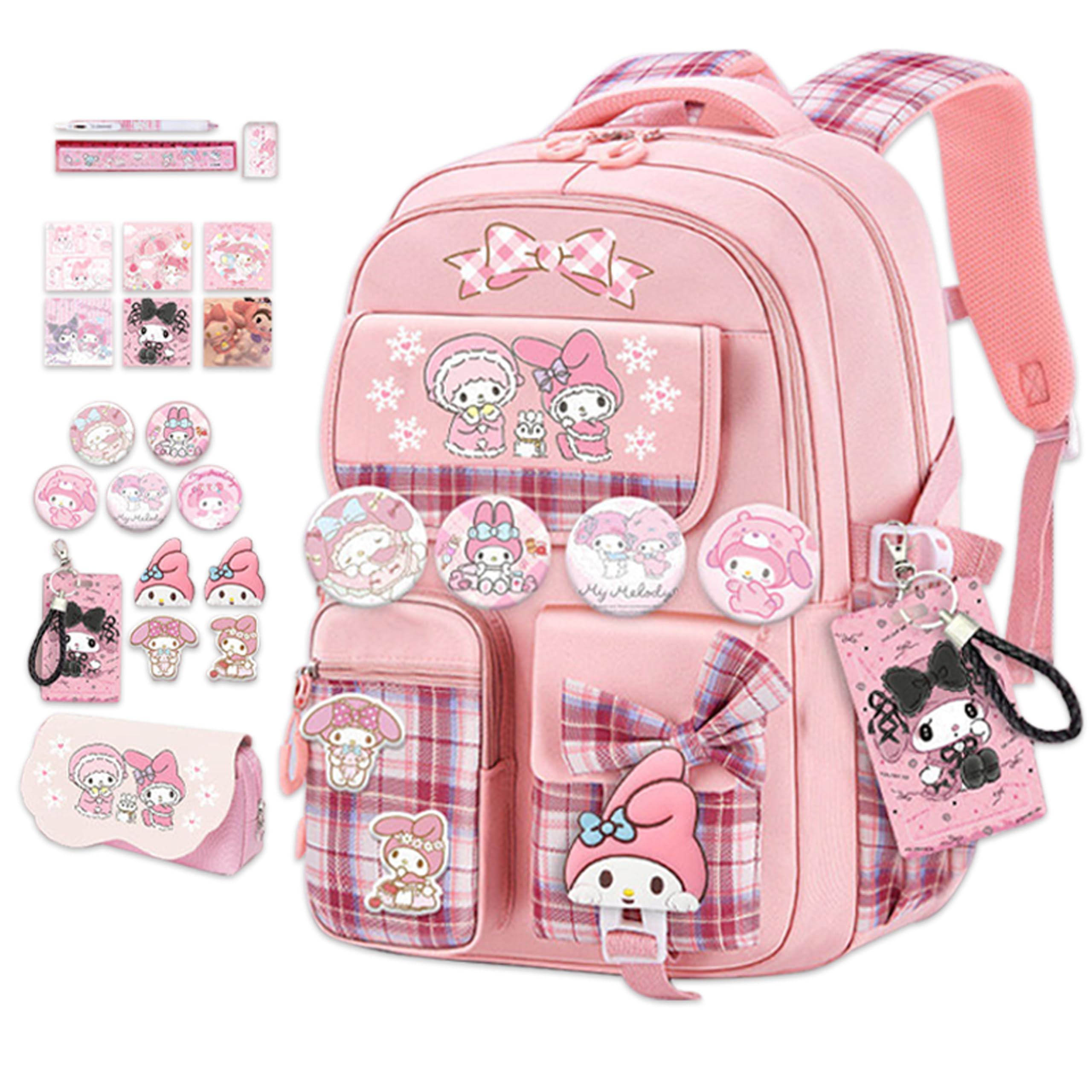 Roffatide Anime Melody Kawaii School Backpack for Girls Boys with 21Pcs Accessories Cartoon Students Aesthetic New Semester Gifts Laptop Backpack with Cute Pins, Anti-Theft, ID Badge Holder