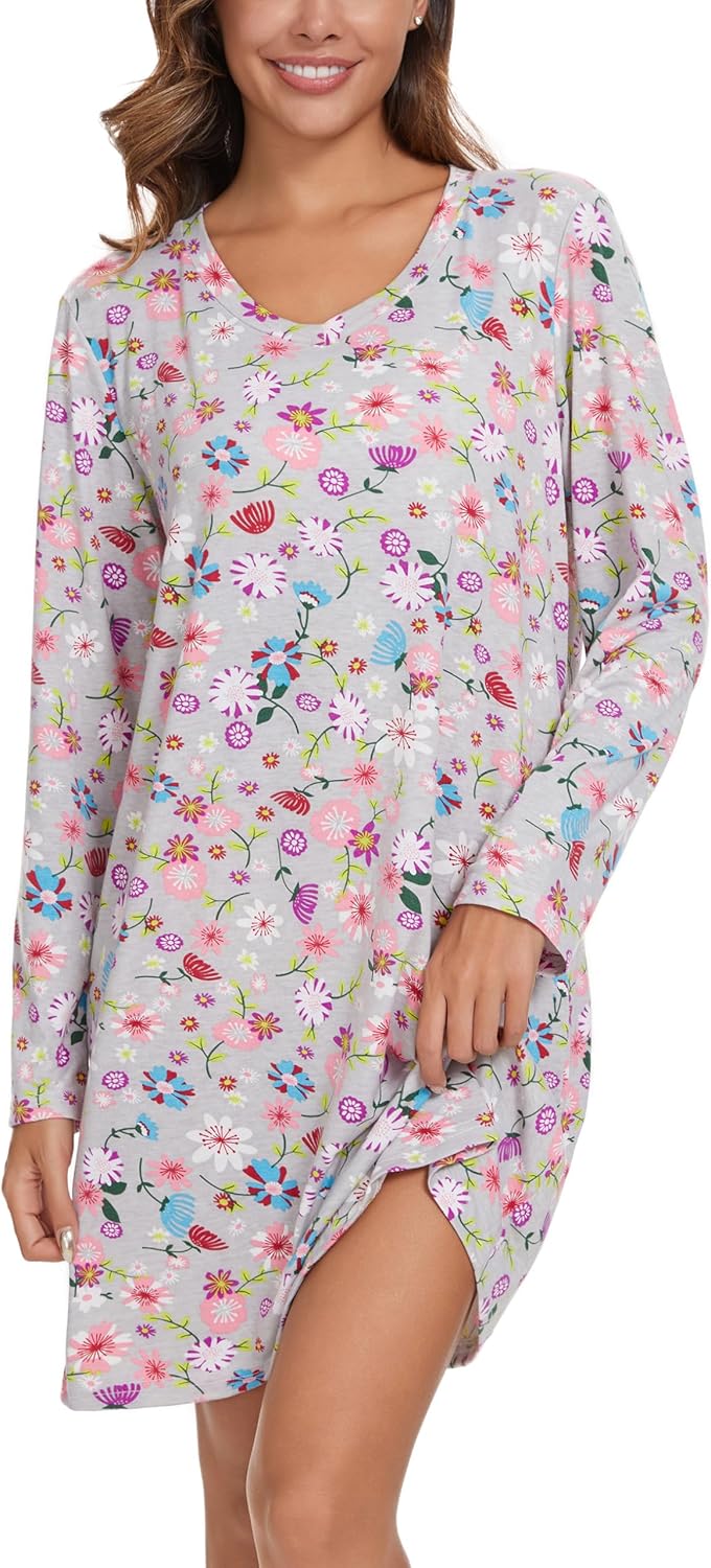 2 Pack Long Sleeve Nightgowns for Women Soft Cotton Night Gowns Sleepwear V Neck Nightshirts - Image 2