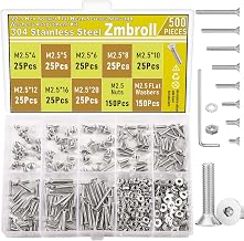 500Pcs M2.5 x 4/5/6/8/10/12/16/20mm Countersunk Head Socket Cap Screws 304 Stainless Steel Flat Head Screws Fully Threaded Metric Machine Screws Bolts Washers Nuts Assortment Kit