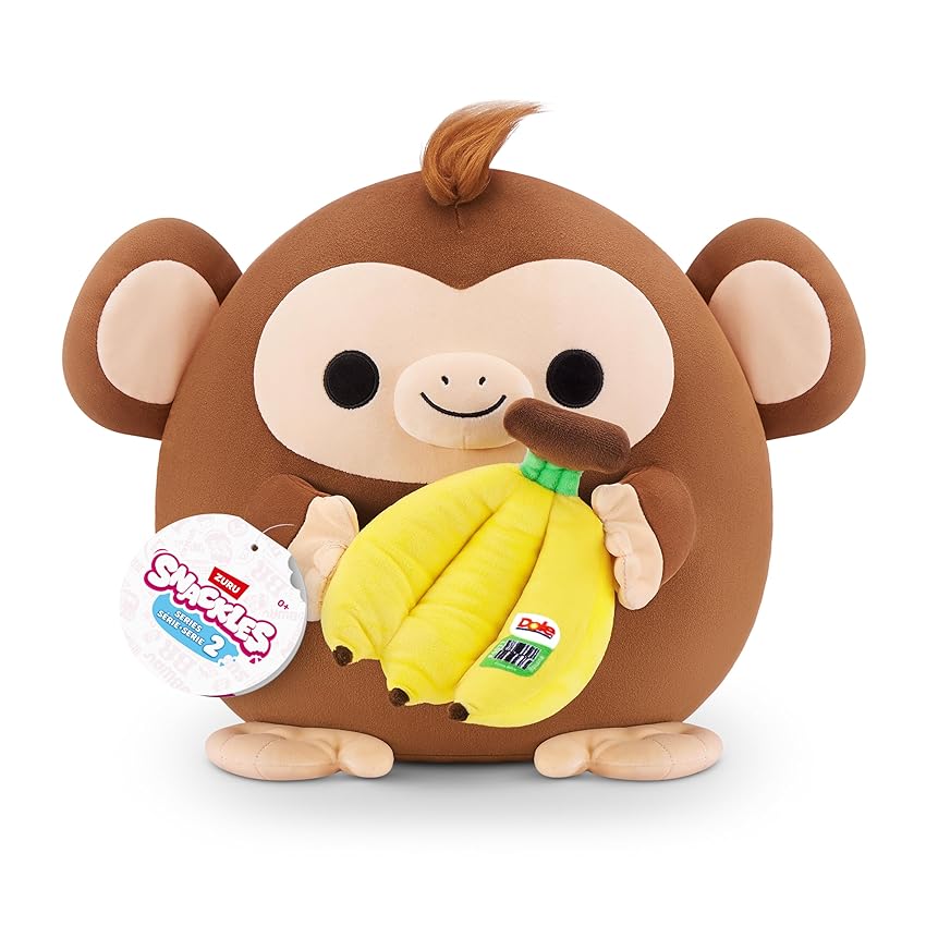 Snackle Serie 2 Snackle da 35 cm di ZURU, peluche batuffoloso, coccoloso e schiacciabile da 35 cm con accessorio snack, Monkey (Dole, Banana)