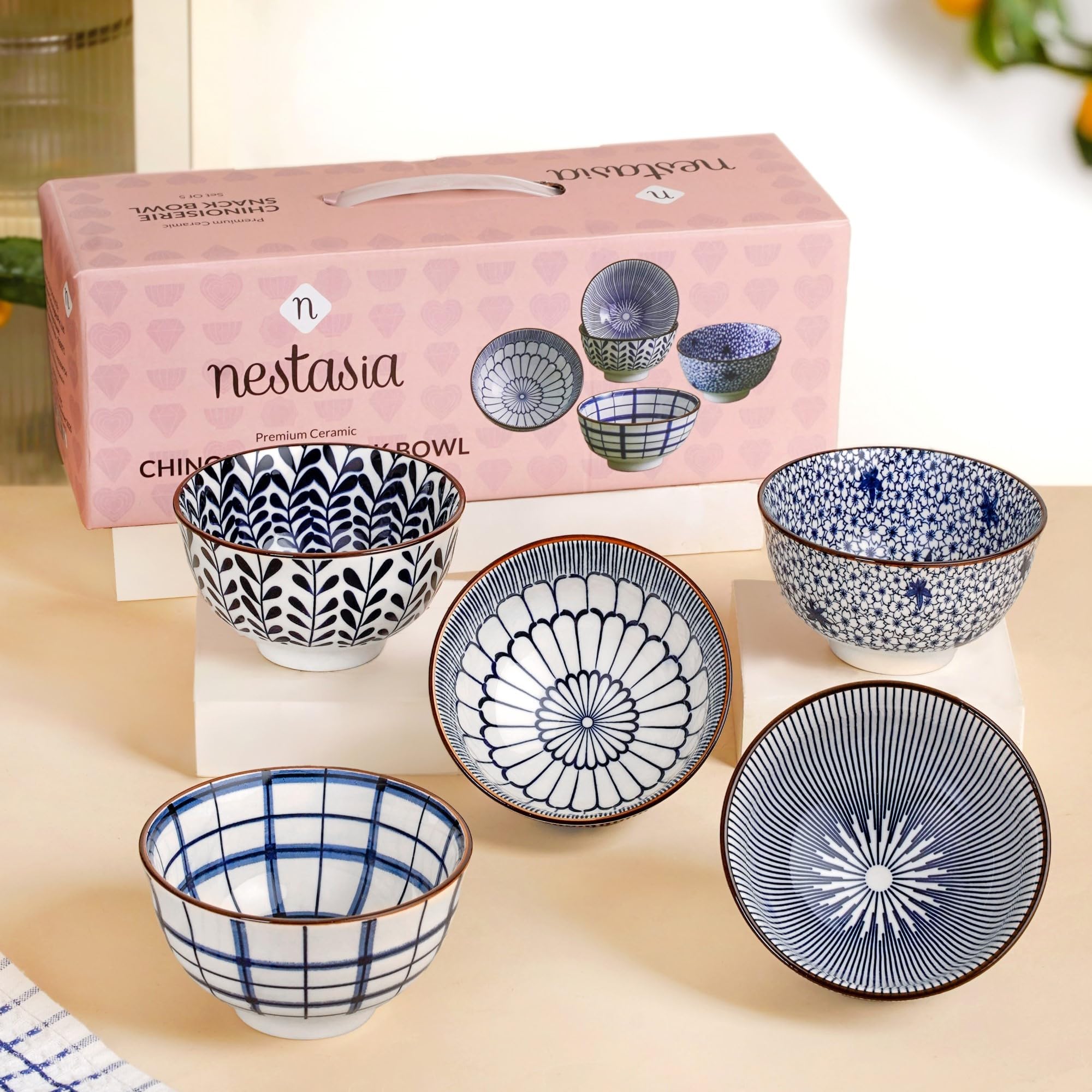 Nestasia Ceramic Snack Bowl Set of 5 (350ml Each) - Dishwasher & Microwave Safe Bowls for Serving Soup, Rice, Dal, & Salad | 100% Food Safe Patterned Bowls with Glossy Finish - Ideal for Gifting
