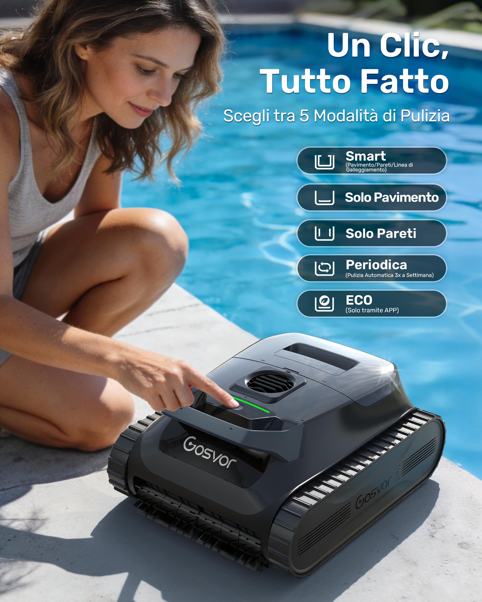 Gosvor (Nuevo 2026) LiteVac G1 Robot Limpiafondos Piscina,Paredes,Línea y Plataformas,7kg,200min Autonomía,Doble Filtración,Navegación Inteligente y App,200m²,Gris