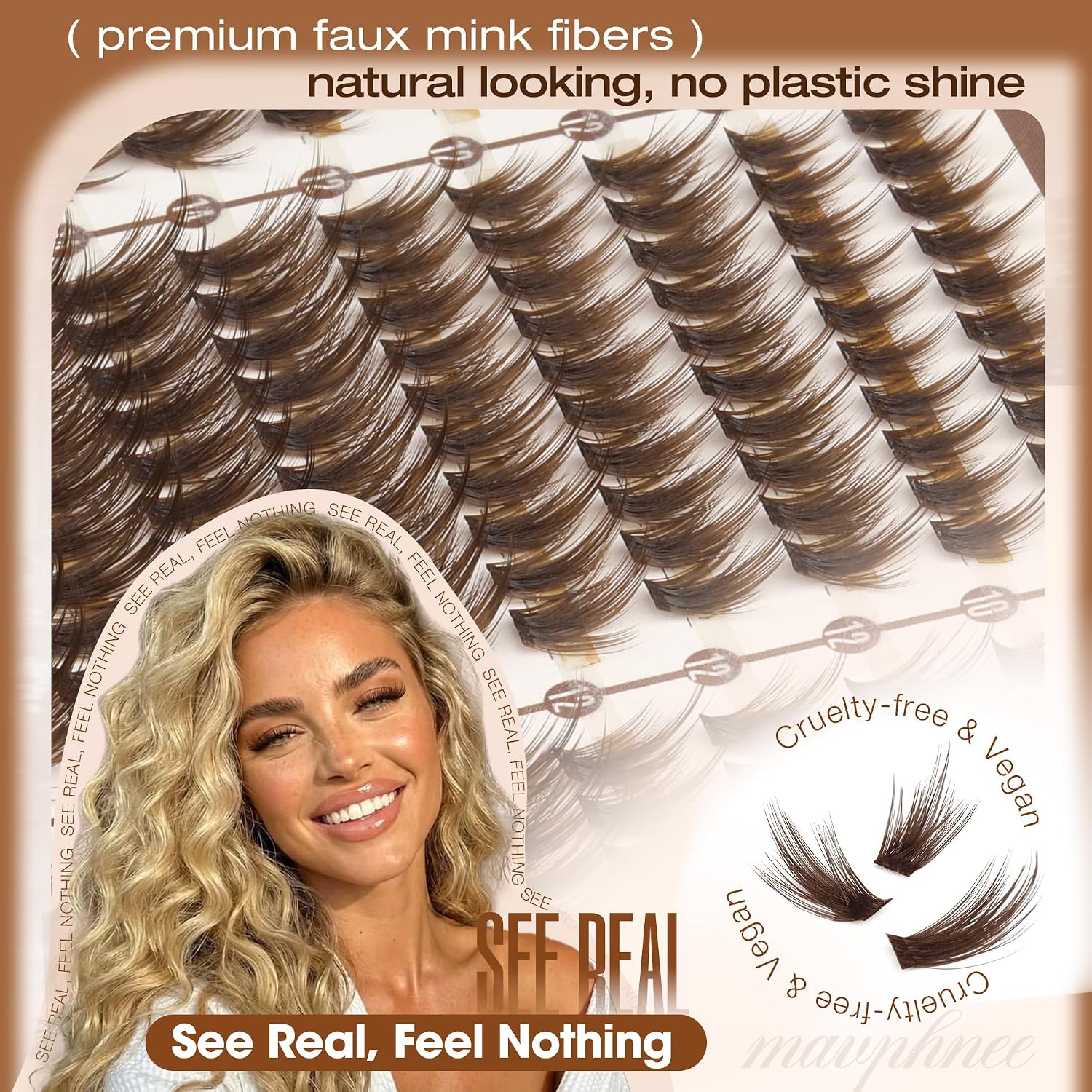 Mavphnee Brown Lash Clusters – Wispy Fluffy Individual Eyelash Extensions Dark Brown Featherlight Lashes with Seamless Flexible Band & CC Curl, 10-12-14-16MM 270PCS Value Pack