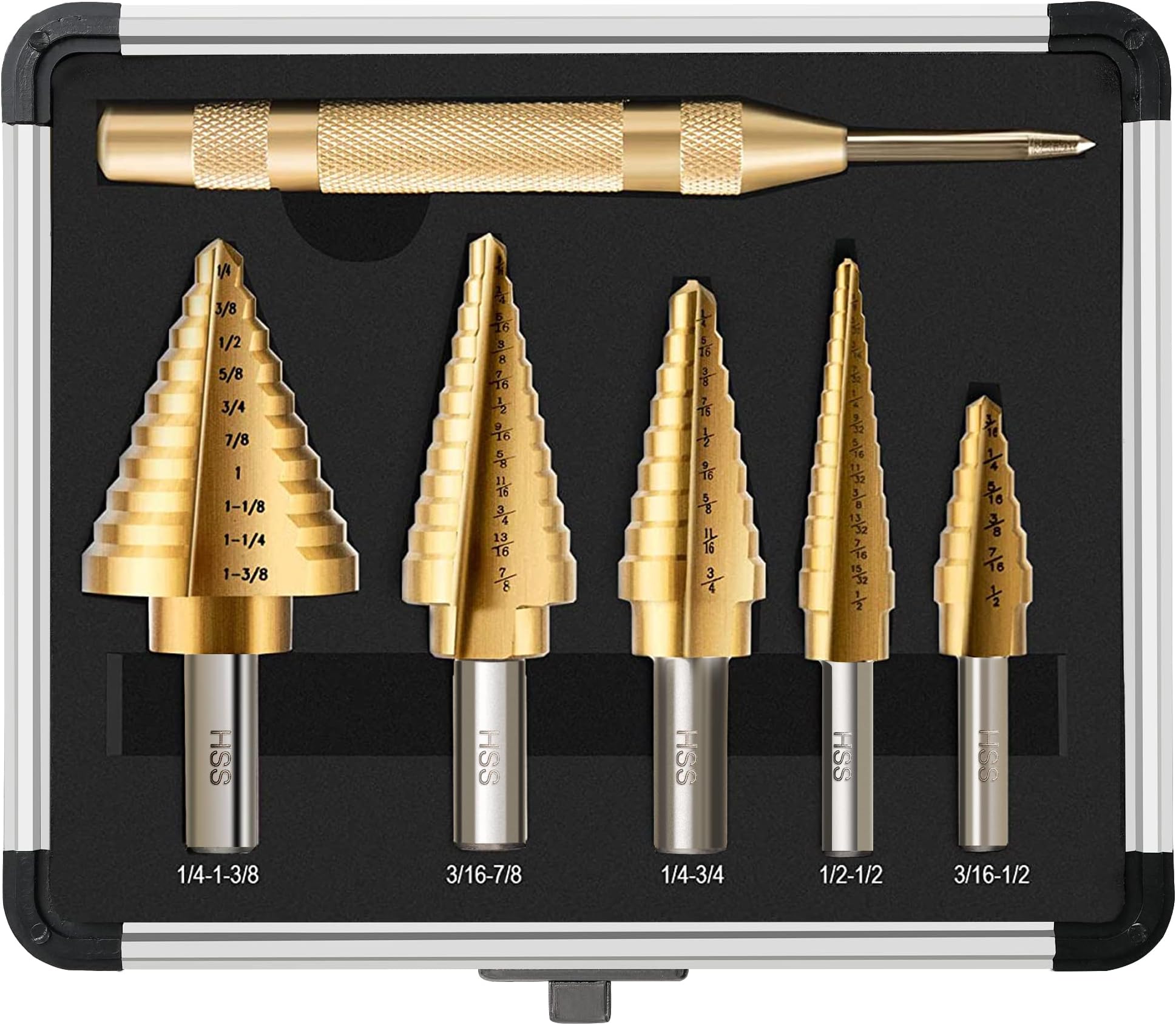 Step Drill Bit Set, 6 Pcs Titanium High Speed Steel Unibit Drill Bits, Stepped Up Bits & Automatic Center Punch for Sheet Metal, DIY Lovers with Aluminum Case, Total 50 Sizes for Multiple Hole