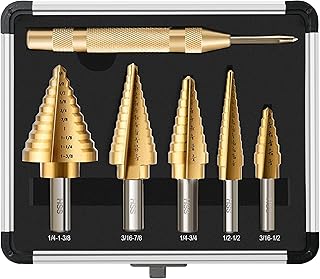 Step Drill Bit Set, 6 Pcs High Speed Steel Unibit Drill Bits, Stepped Up Bits & Automatic Center Punch for Sheet Metal, DIY Lovers with Aluminum Case, Total 50 Sizes for Multiple Hole