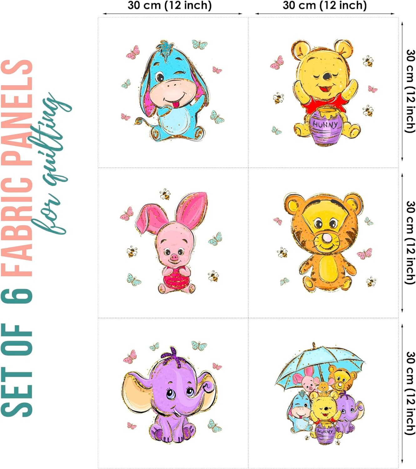 UNIQUE Winnie Fabric Panel Set (6 Panels, 12x12 in Each), Quilting Panels, Baby Quilt Panels, Cotton Baby Panels, Blanket Panel, Cotton Fabric Panels for Quilting