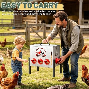 55LB Automatic Chicken Feeder with 8 Feeding Ports, Window, Locking Lid, Height Adjustable, Rat-Proof, Poultry Feed Storage Container for Chickens Ducks Geese, Chicken Coop Accessories