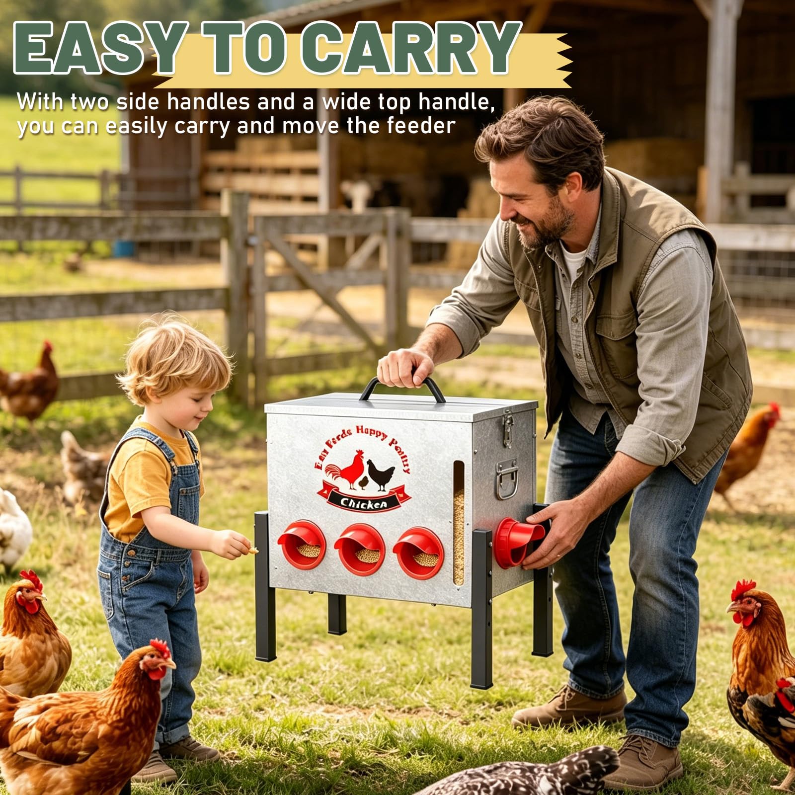 Comedero automático para gallinas de 25 kg con 8 orificios de alimentación, ventana, tapa con cierre, altura ajustable, resistente a las ratas, almacenamiento de alimentos para pollos, patos, gansos