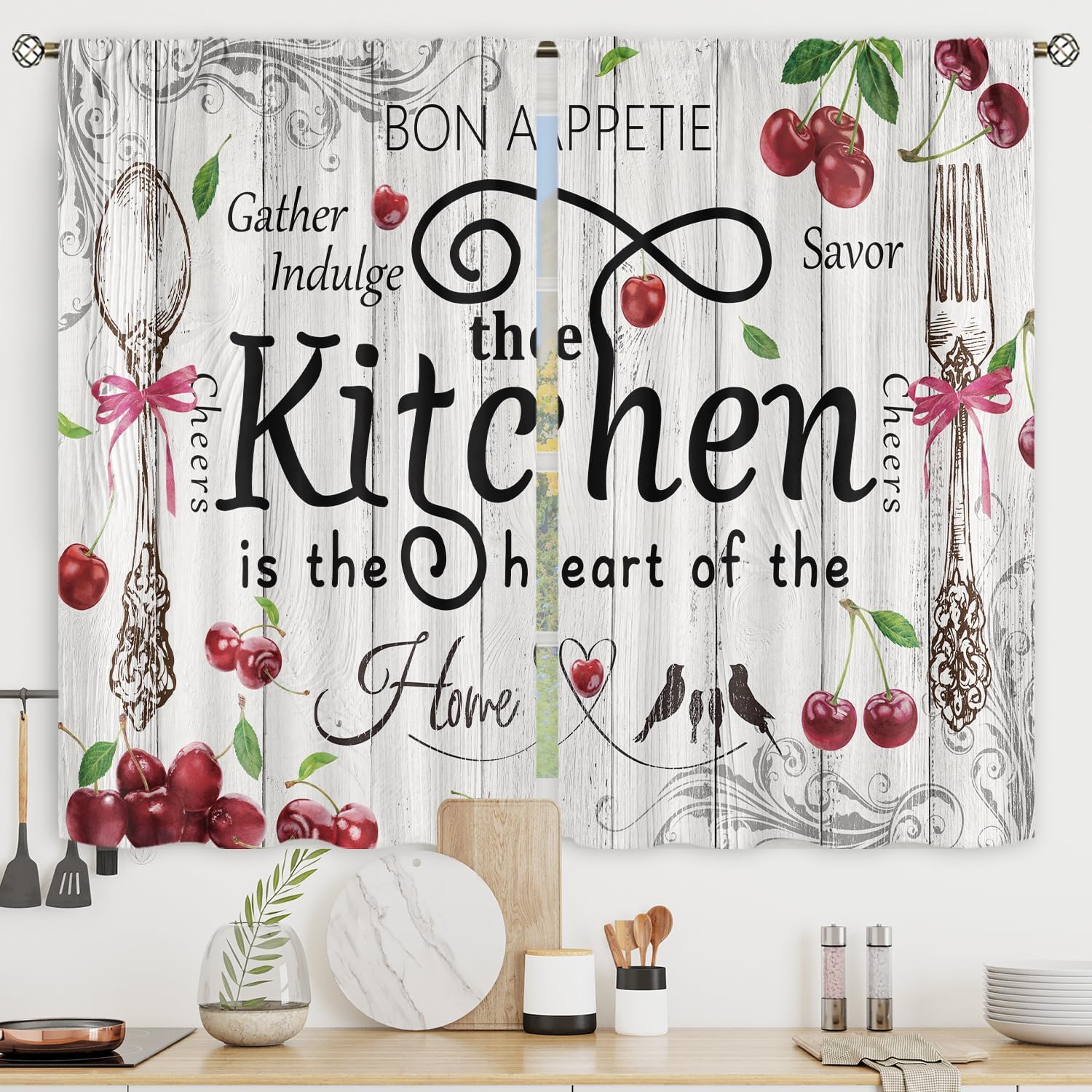 Riyidecor Cherry Kitchen Curtains Short Small Bow Rustic Burgundy Fruit Wood Barn Plant Quotes Fork and Spoon Summer Rod Pocket Farmhouse Bedroom Living Room Treatment Fabric 2 Panels 27.5Wx39H Inch