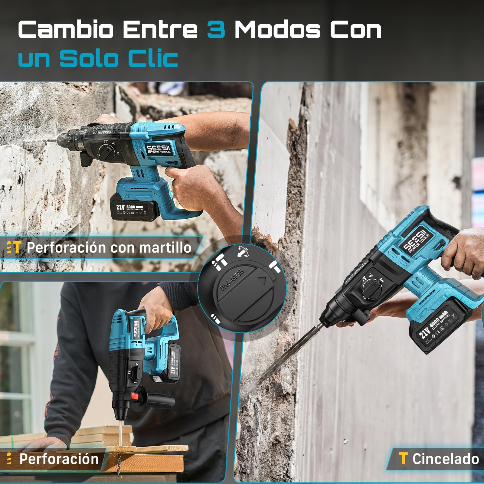Seesii 3-in-1 Martillo Perforador a Baterías: 2,5J Potente Martillo Percutor sin cable con Motor sin escobillas, 2 * 4,0AH Baterías y Cargador, 5 piezas SDS-plus, Mango Antivibración, Para Bricolaje
