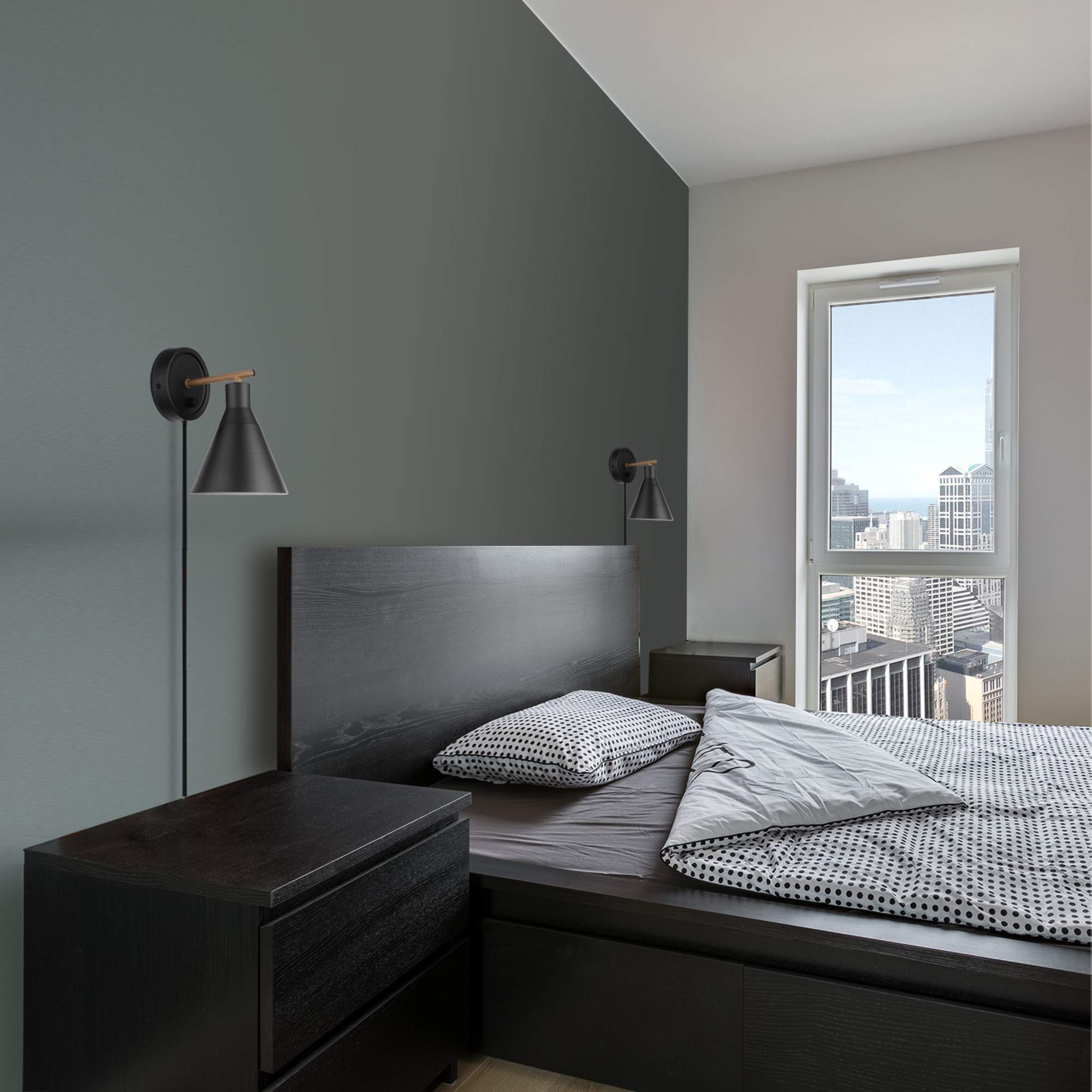 Globe Electric 51725 1-Light Dimmable Plug-in or Hardwire Wall Sconce, Matte Black, Faux Walnut Accent, Stepless Dimming Rotary Switch on Canopy, Black Fabric Cord, Wall Lights for Bedroom Plug in