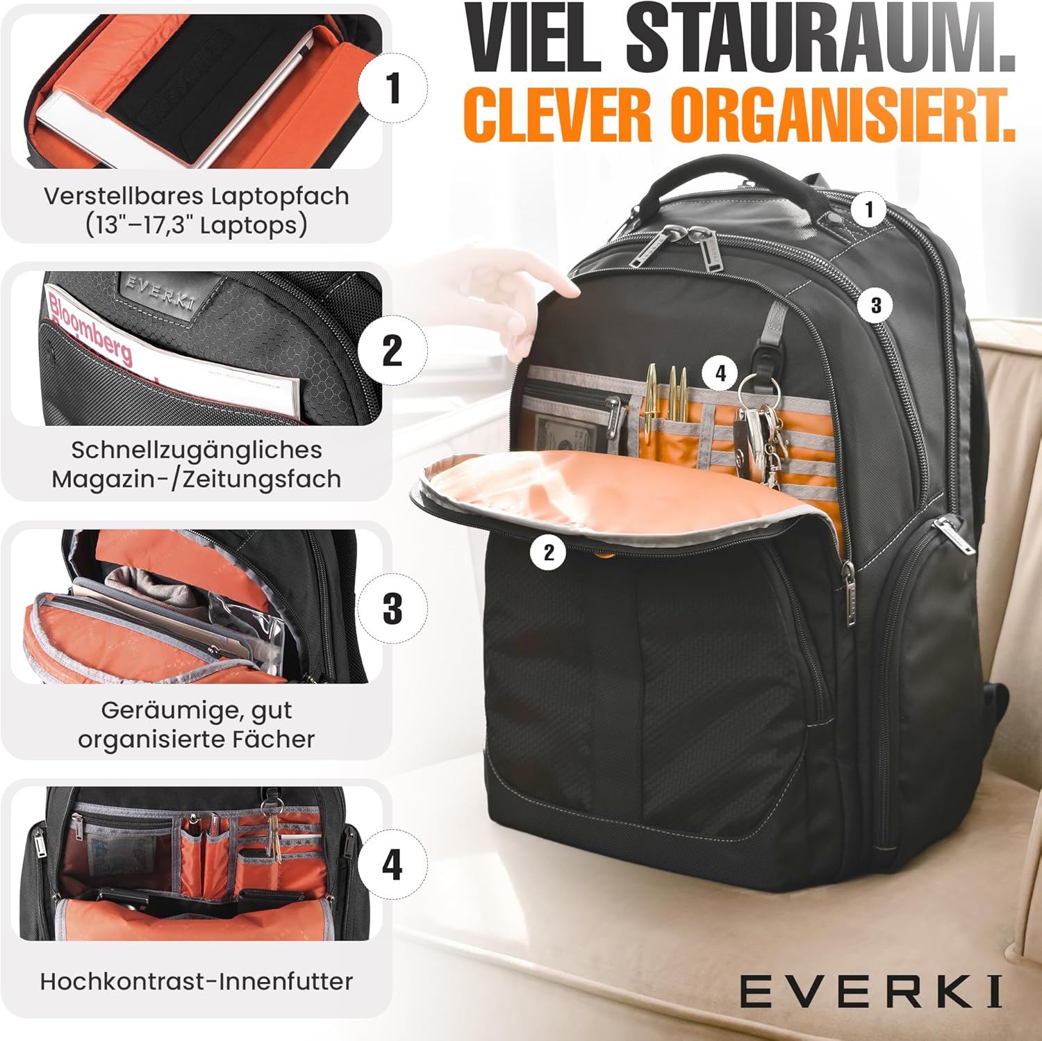 EVERKI Atlas Business 32L Laptop Backpack – Travel-Friendly Business & Office, Professional Backpack for Men & Women, Durable Computer Bag with Adjustable Padded Compartment, Fits 13"-17.3", Black