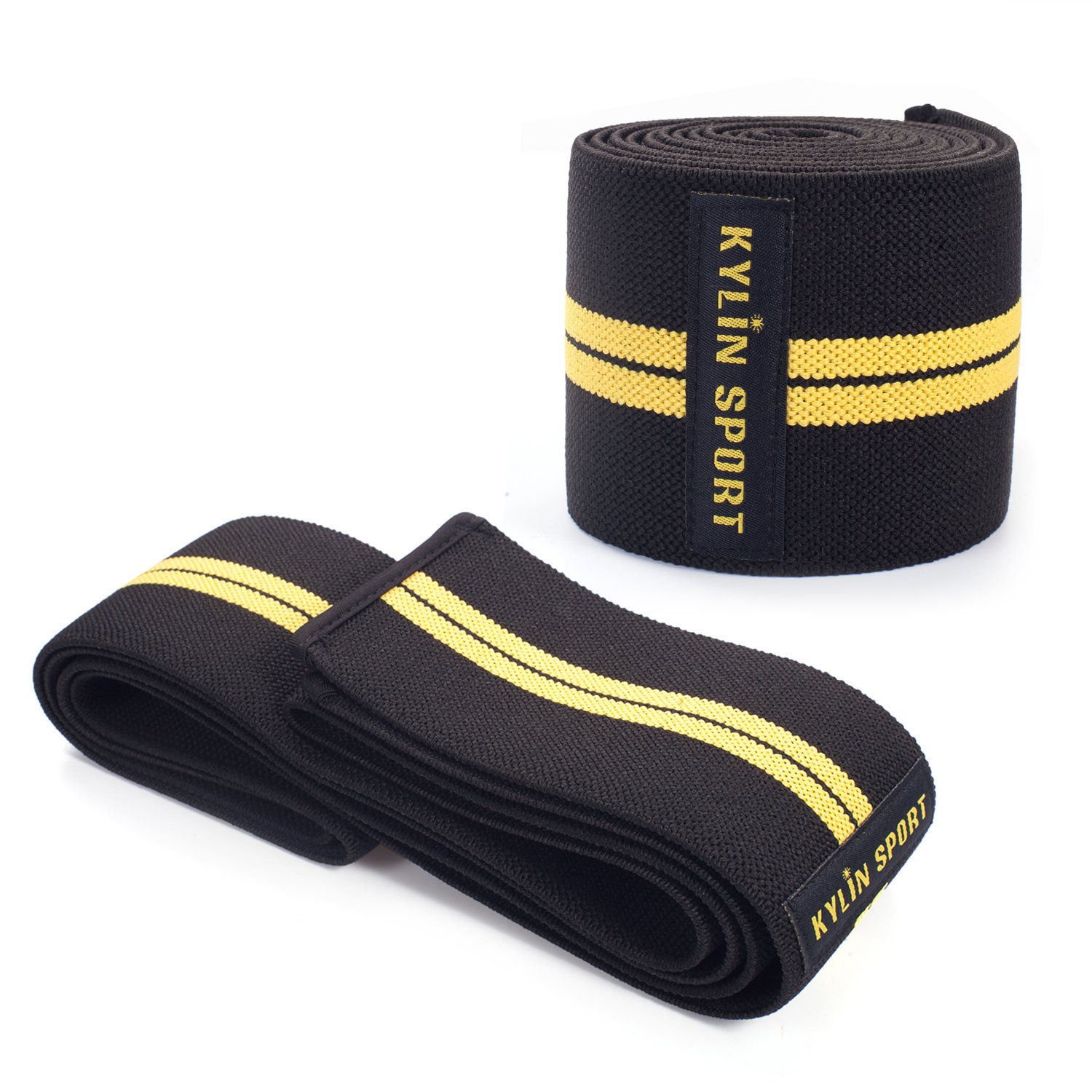 79" Knee Wrap (coppia) Supporto elastico a compressione per ginocchio per cross training WOD, allenamento in palestra, sollevamento pesi, fitness, powerlifting/uomo e donna (giallo/nero)