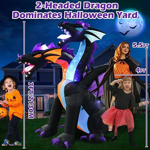 Miniatura 3 de MICOCAH Inflables de Halloween de 7 pies de alto, dragón gigante de 2 cabezas, decoraciones al aire libre con luces LED intermitentes integradas