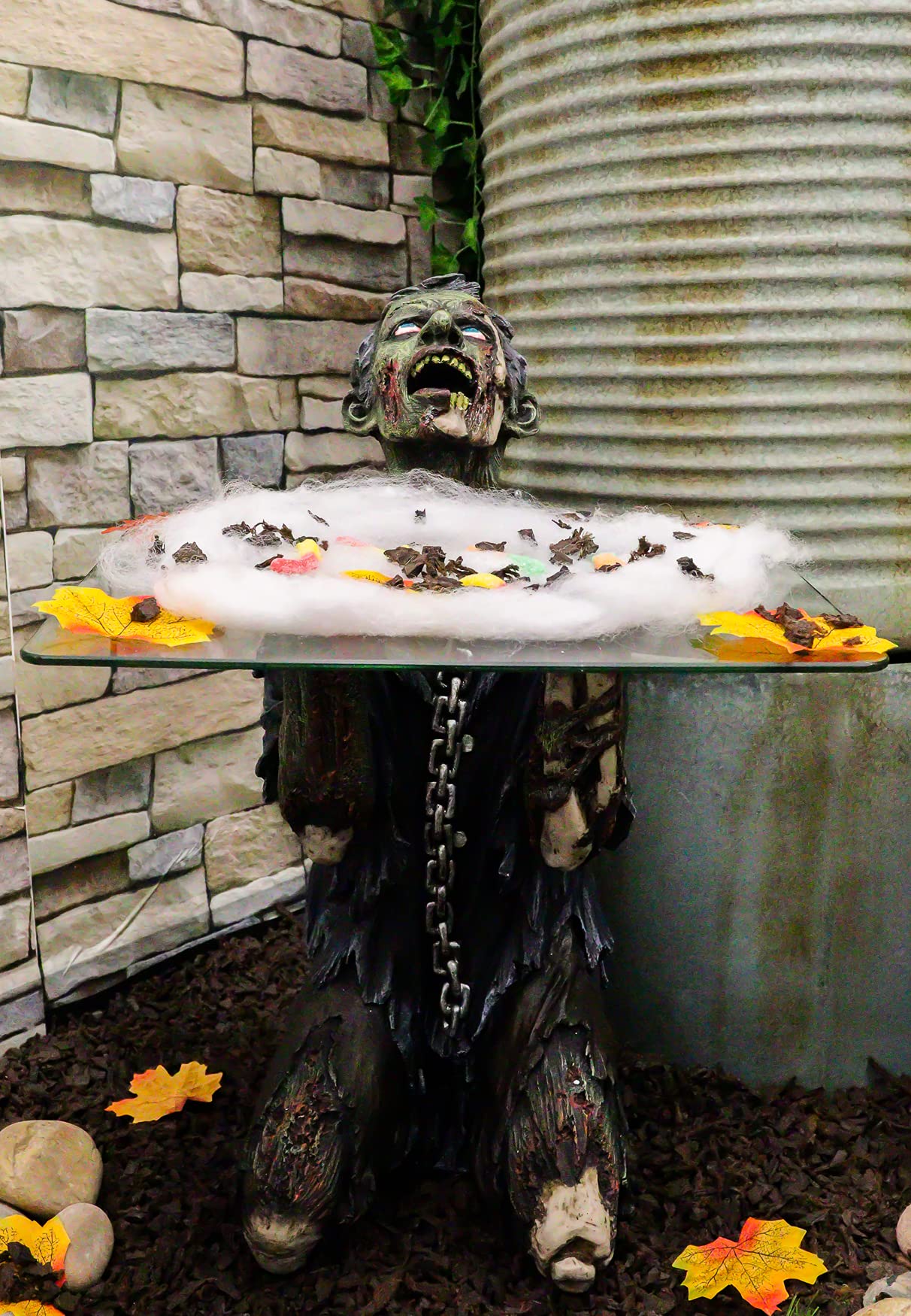 Ebros Begging Chained Slave Walking Undead Zombie Side Table with Glass 22.5"H Pet Impaled