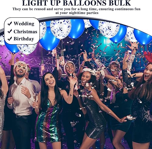 Miniatura 5 de Halloscume Juego de 60 globos LED y luces, bolas de globo reutilizables brillantes en azul para actividades al aire libre, cumpleaños, aniversario,