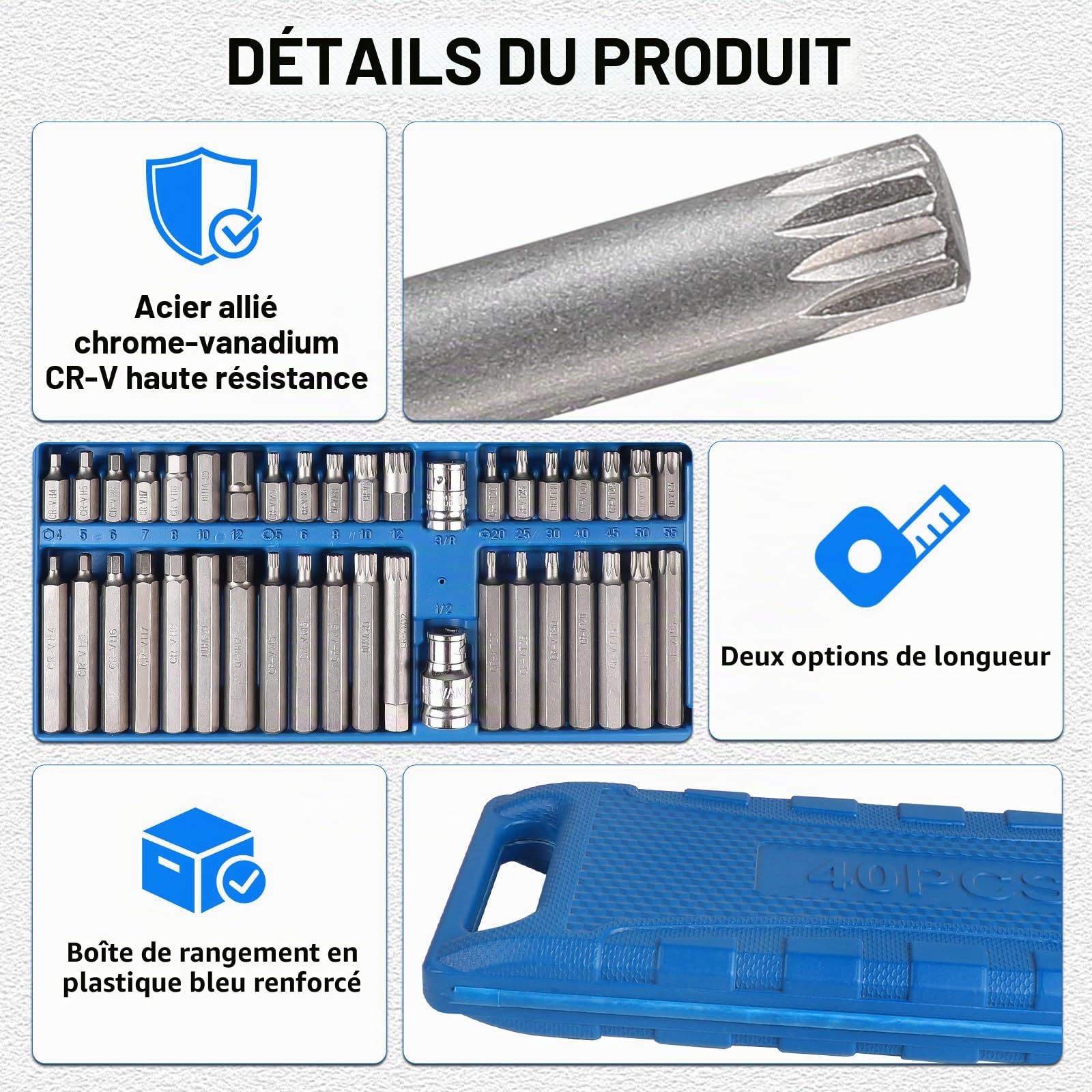 40 PCS Coffret Douille Torx Male 1/2", 3/8", Embout Torx a Choc, Hexagonal Douille Kit T20-T55 M5-M12 H4-H12 avec Boîte Bleue, pour Réparation Automobile