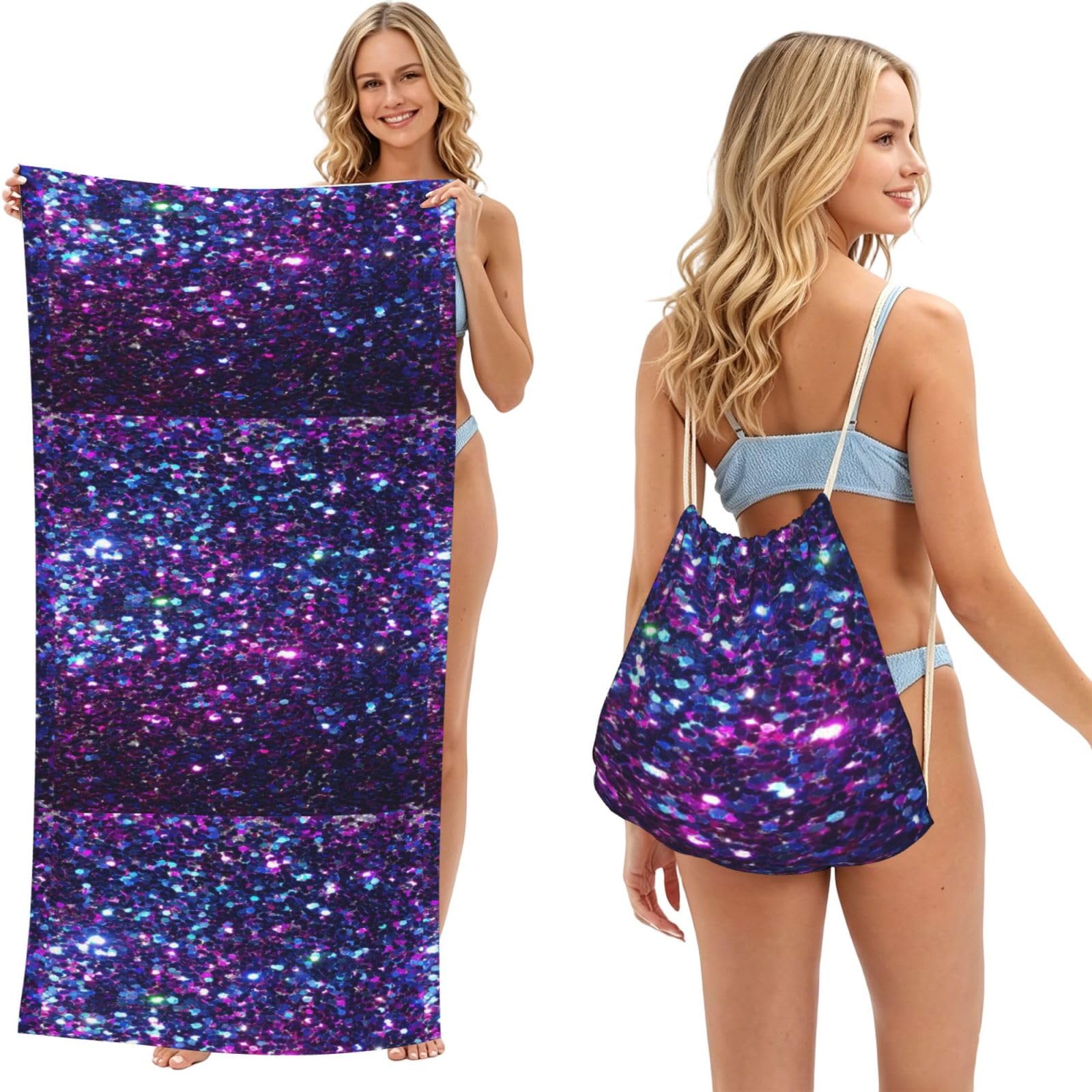 Poadnly As Picture Glitter, 2 In 1 Packable Towel Bag, Beach Towels With Drawstring Backpack For Travel Holiday Camping