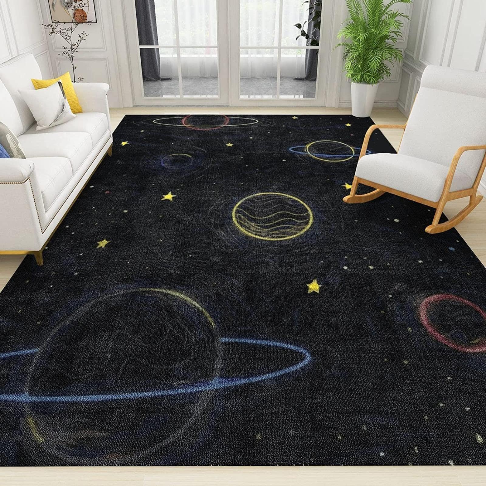 Żółta gwiazda wszechświat planeta antypoślizgowy dywan dziecięcy do sypialni salonu 150 x 200 cm