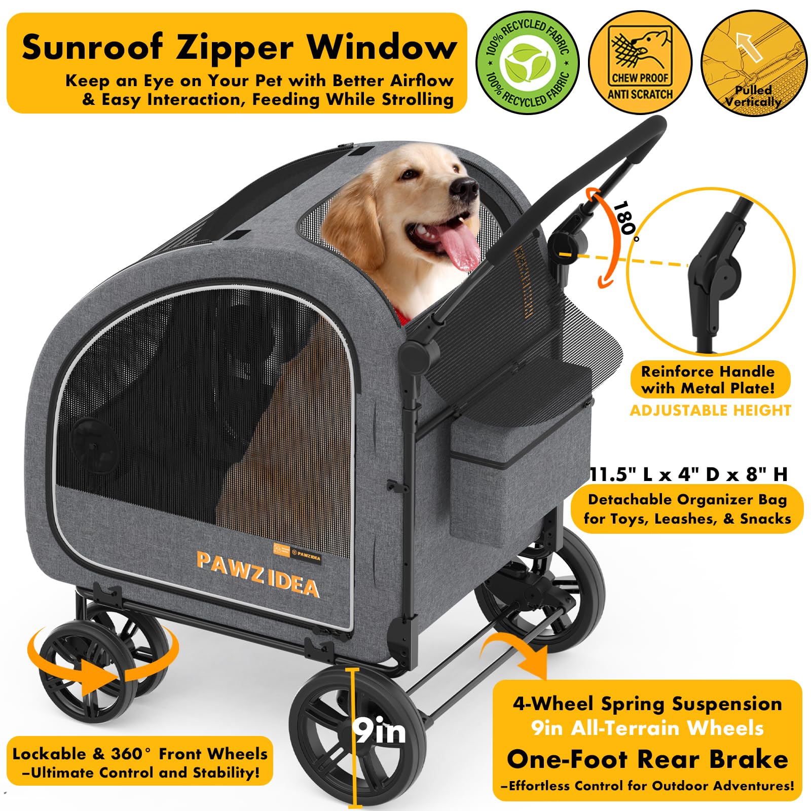 PAWZIDEA Passeggino per cani di grandi dimensioni, extra large, con trasportino staccabile, fino a 50 kg (grigio)